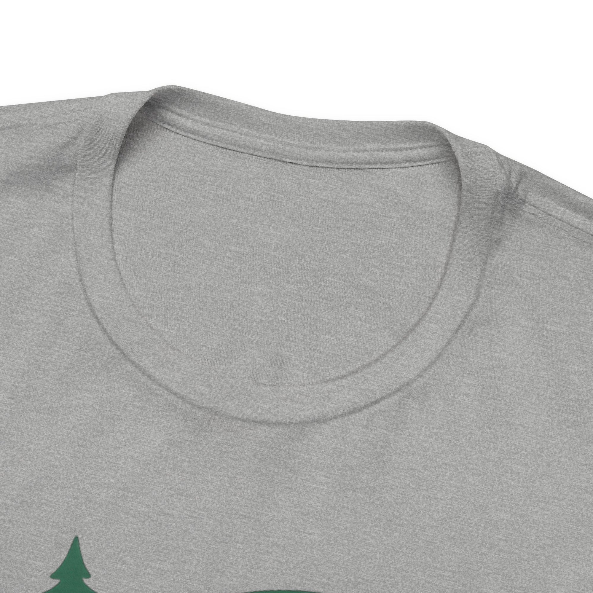 Neckline view of a gray t-shirt with green graphic of trees and a disc golf flying with the words 'HYZER LIFE' below the image, on a hanger against a white backgroud