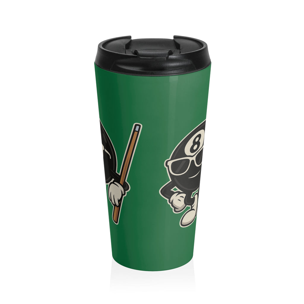 A green travel mug with a black lid with a graphic of a cartoon billiards 8 ball with arms and legs and wearing sunglasses and leaning on a cue stick, on a white background