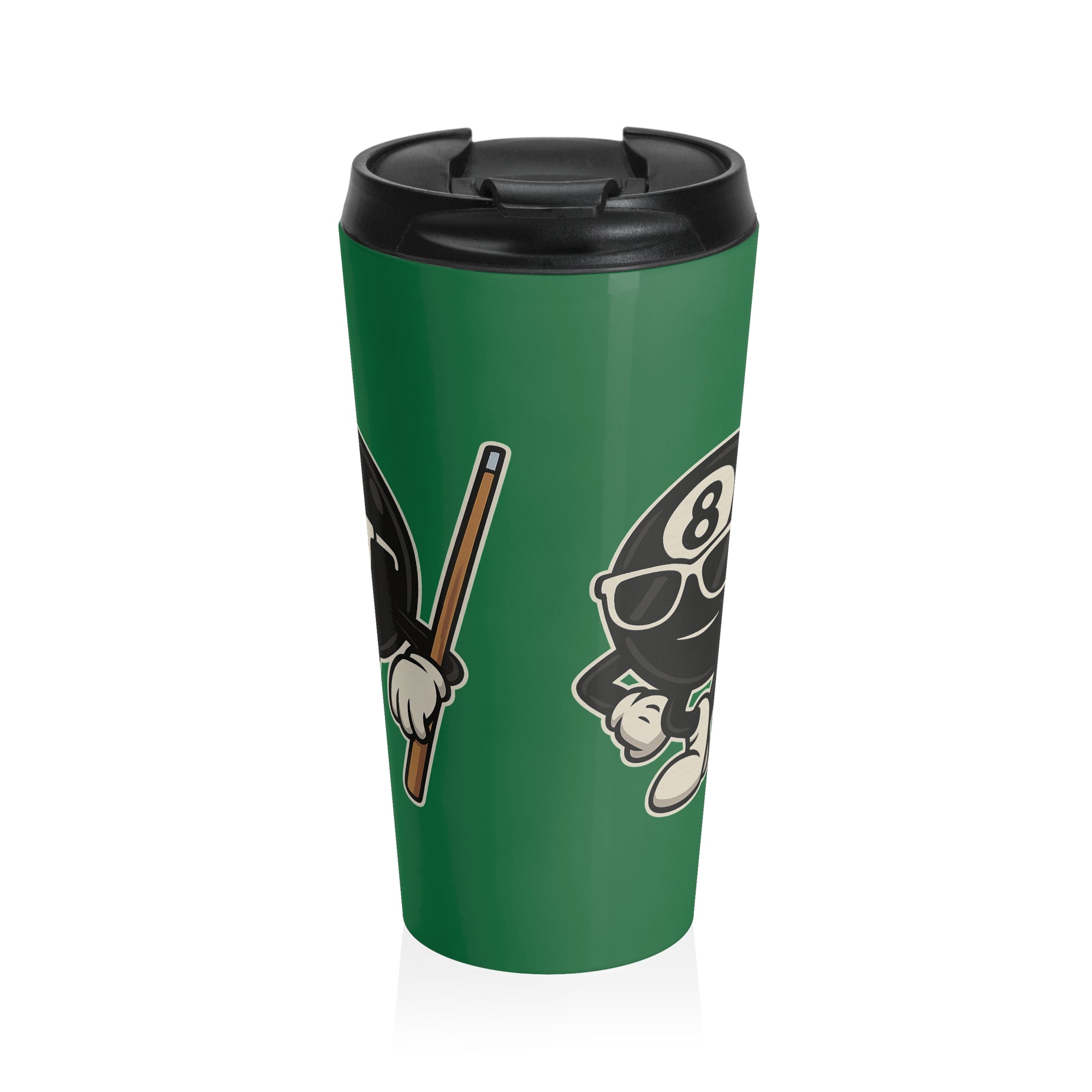 A green travel mug with a black lid with a graphic of a cartoon billiards 8 ball with arms and legs and wearing sunglasses and leaning on a cue stick, on a white background