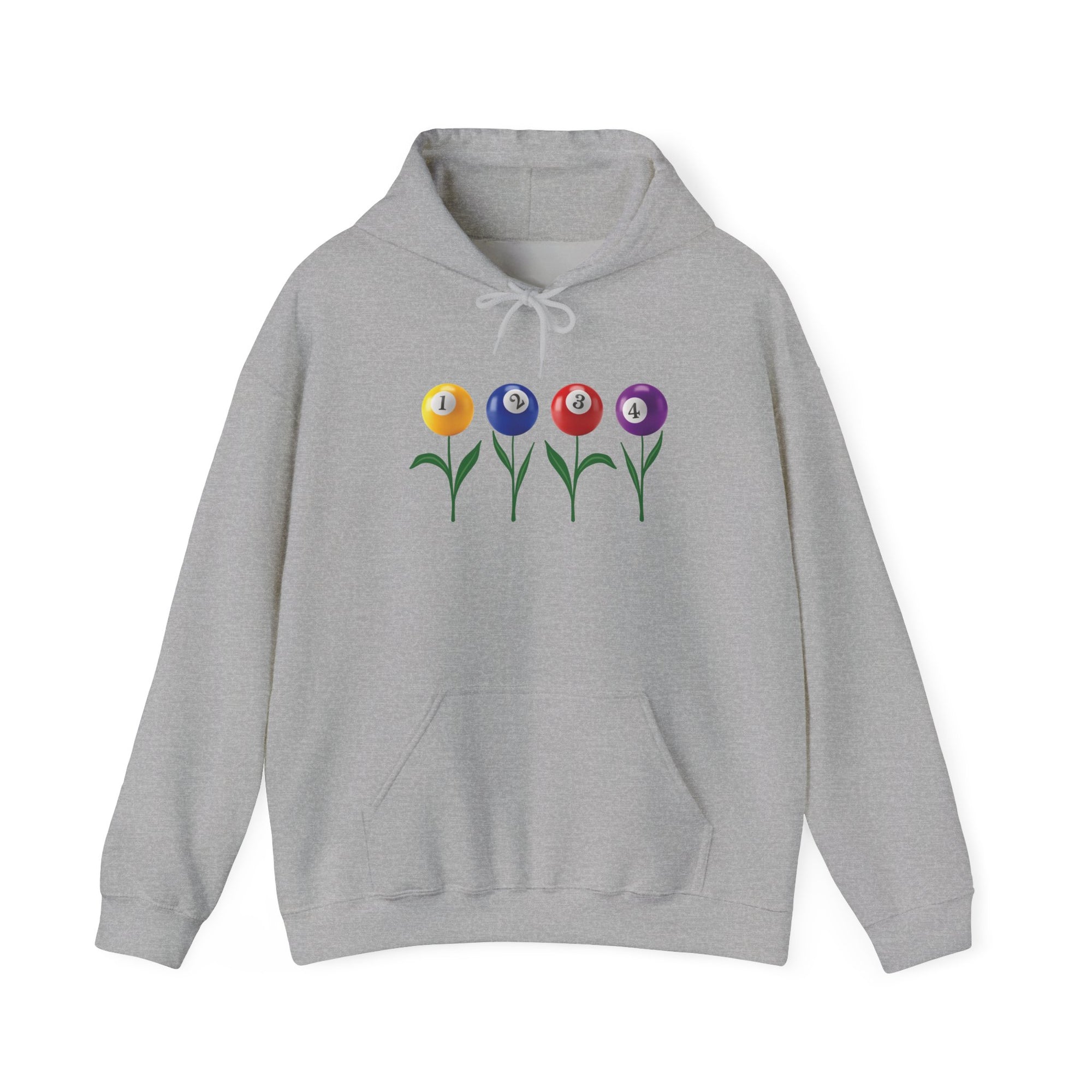 Gray hoodie with four colorful flowers made out of billiards balls with green stems, a white background