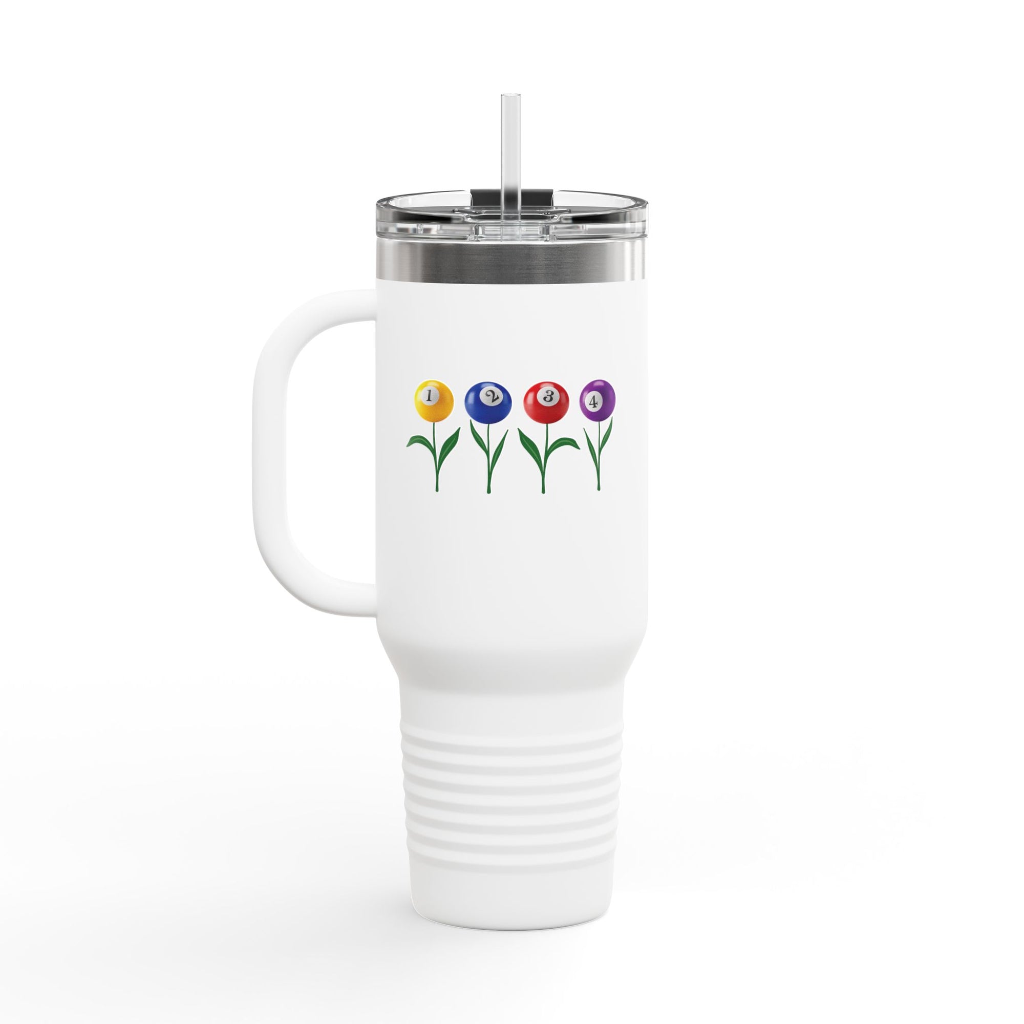 A white 40oz travel tumbler with lid and straw, with four colorful flowers made out of billiards balls with green stems, on a white background