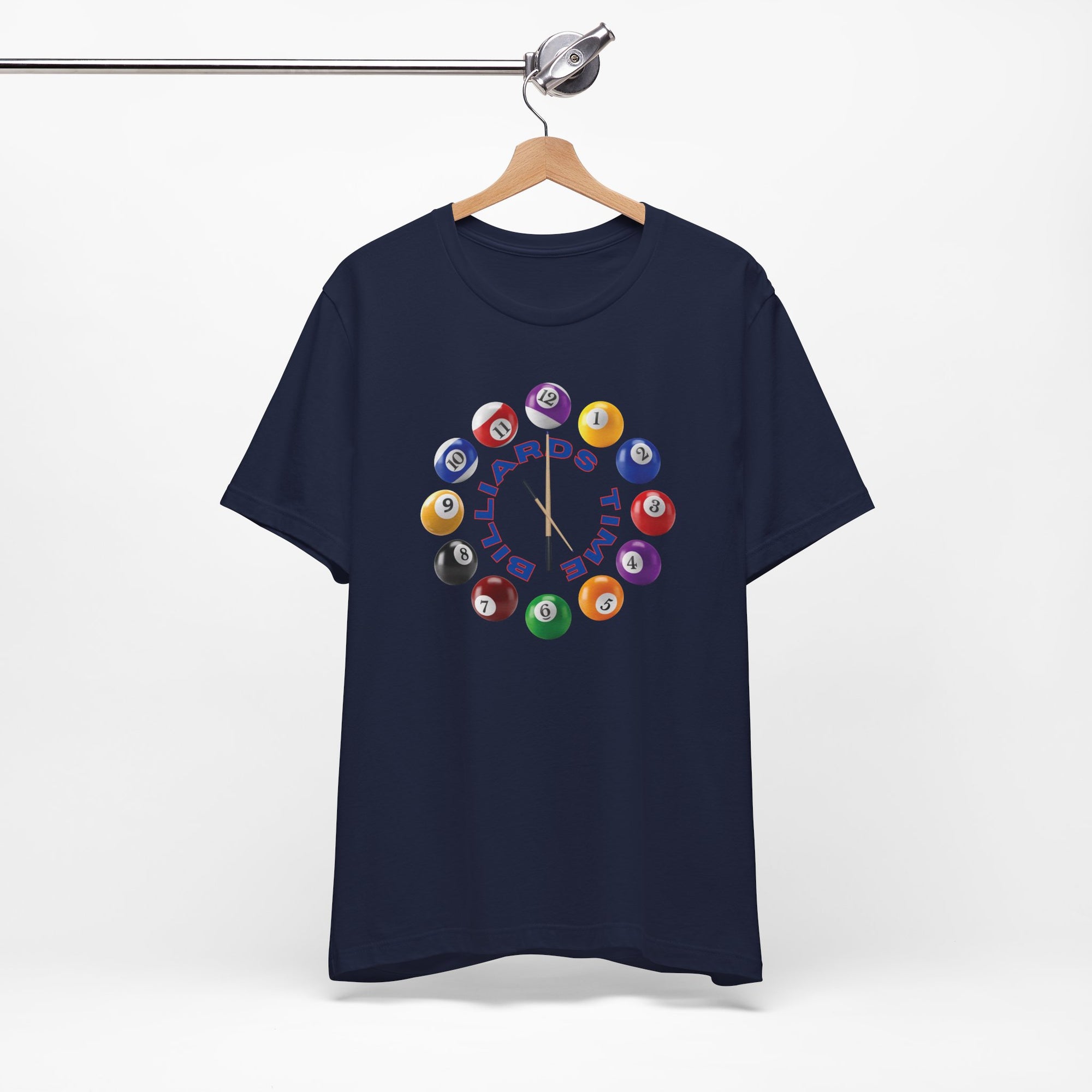 Navy blue t-shirt with the text "Billiards Time" surrounded by a clock made up of colorful billiard balls and cue sticks, on a white background
