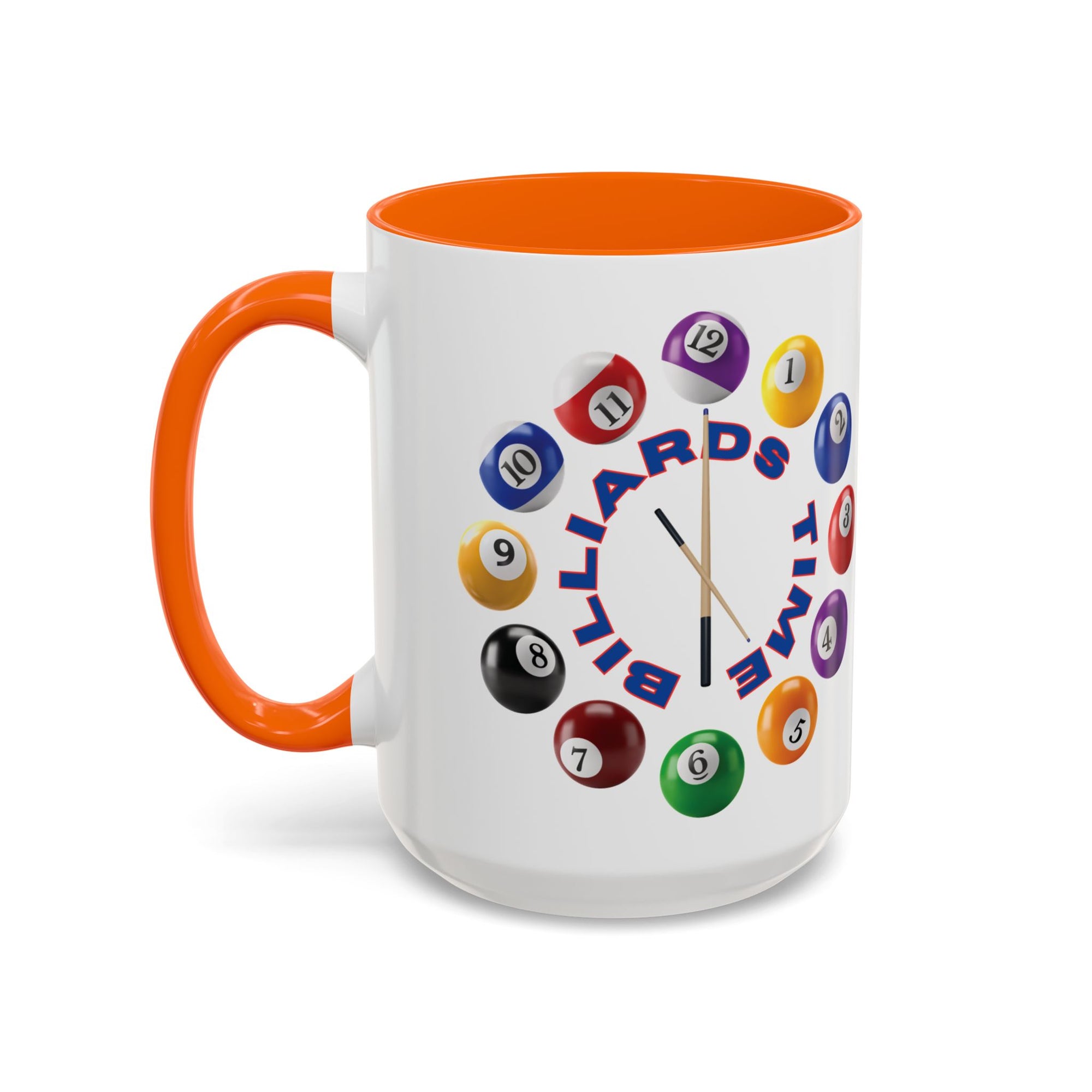 A white ceramic coffee mug with orange accents on the handle and interior, with the text "Billiards Time" surrounded by a clock made up of colorful billiard balls and cue sticks, on a white background