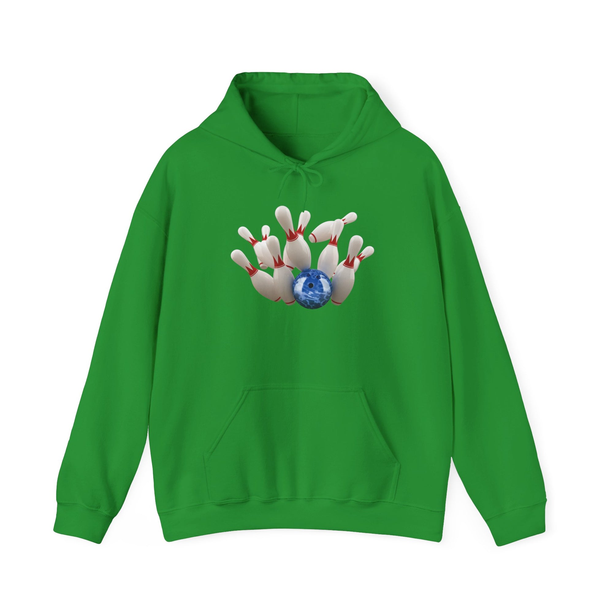 Green hoodie with a graphic of a blue bowling ball knocking over bowling pins, on a white background