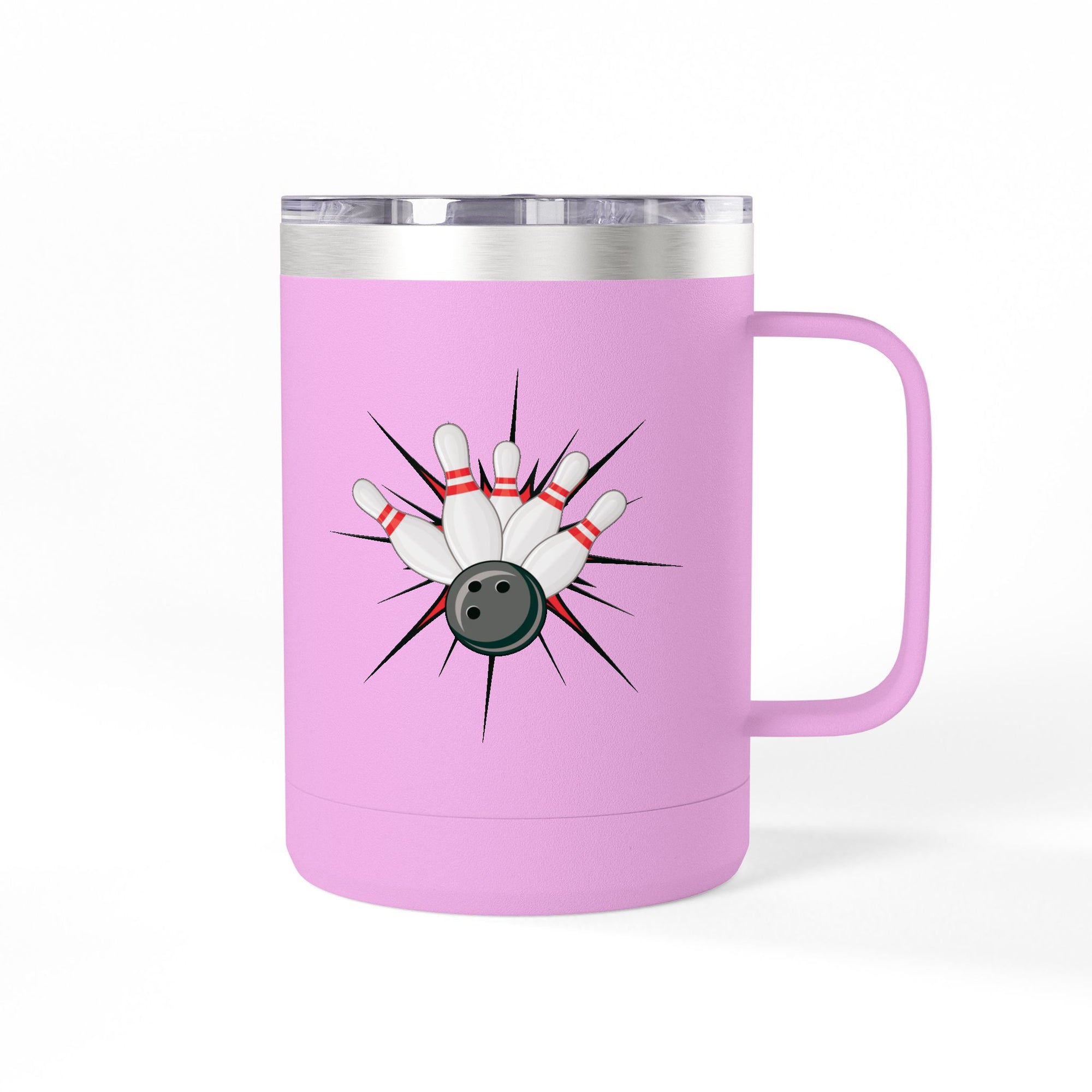 A pink travel coffee tumbler mug with a lid and handle, with a graphic design of a bowling ball smashing into pins on a white background