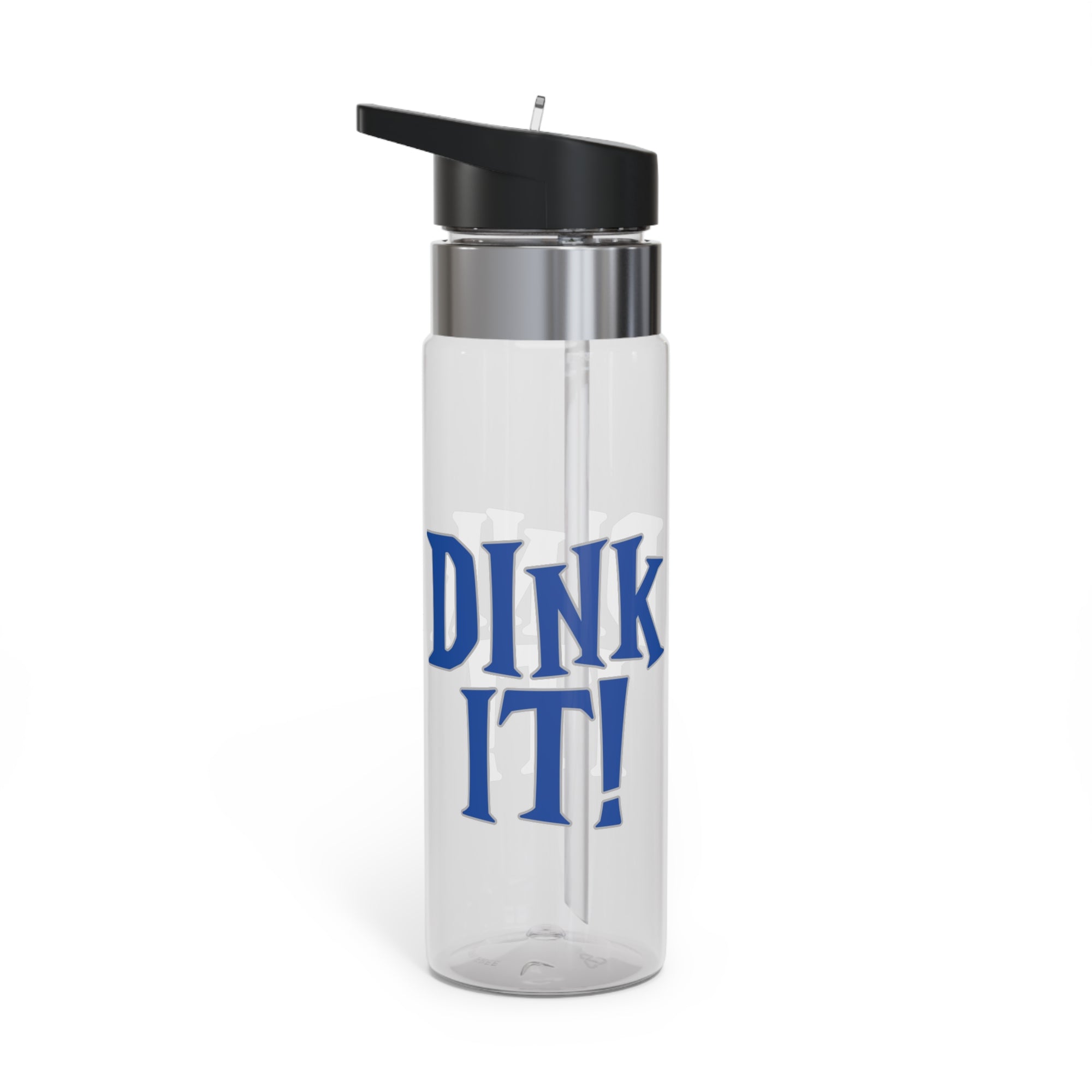 A clear water bottle with lid featuring the words 'DINK IT!' text in blue and outlined in gray, against a white background