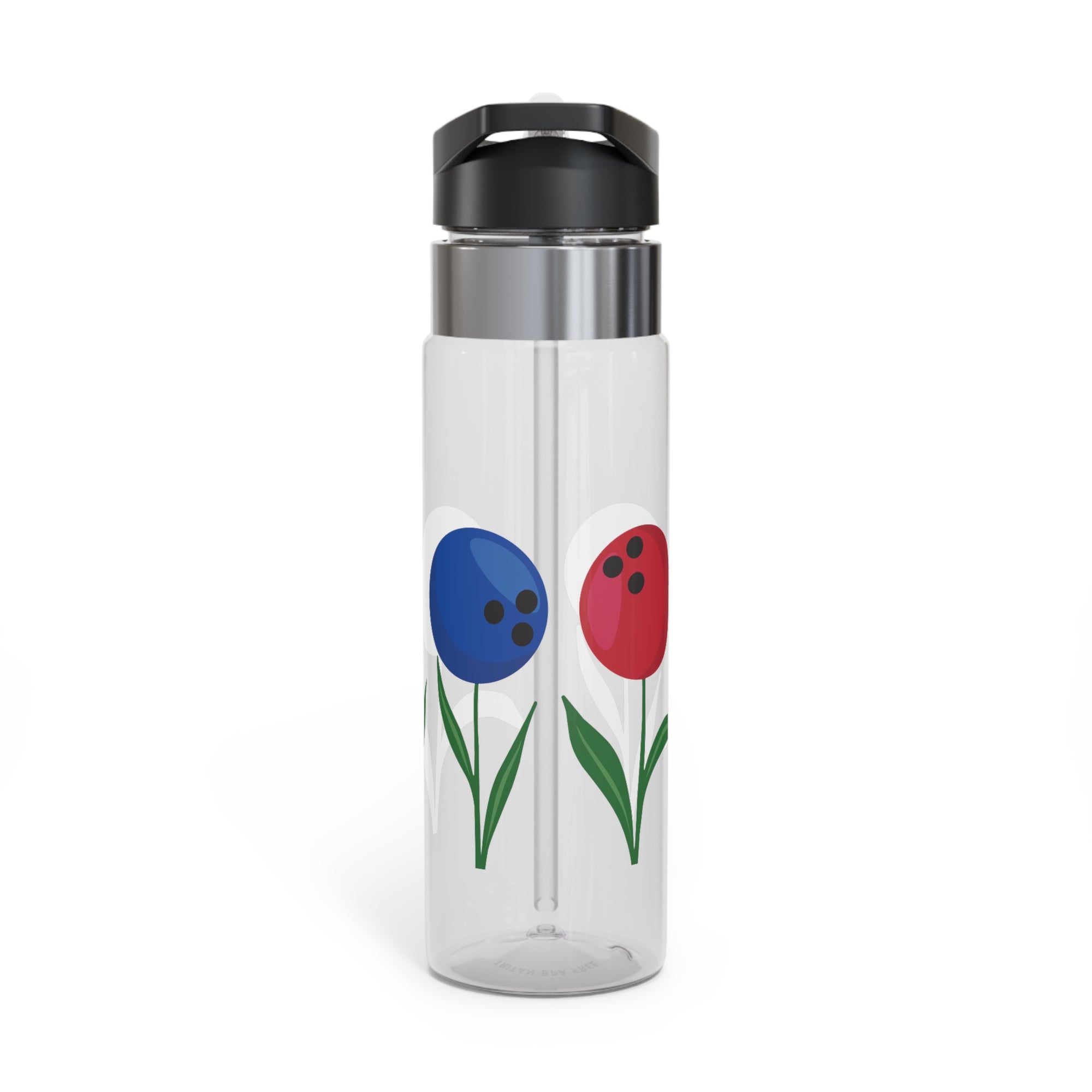A clear water bottle with a black lid, with colorful flowers made out of bowling balls, on a white background