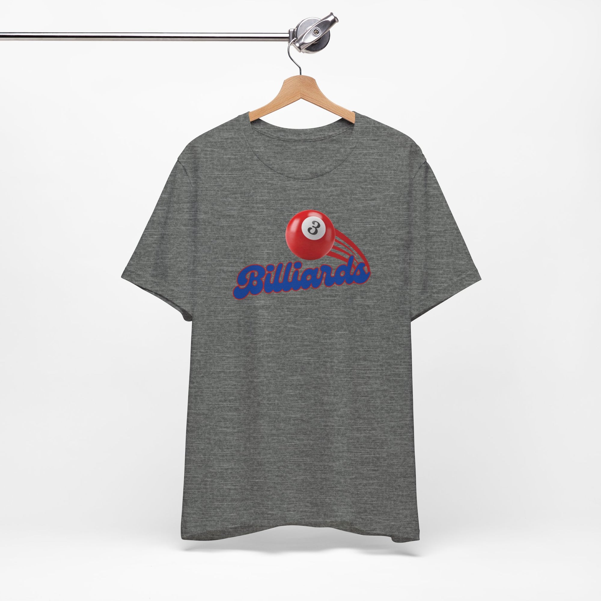 Gray t-shirt with billiards ball and text that says "Billiards" on a hanger against a white background