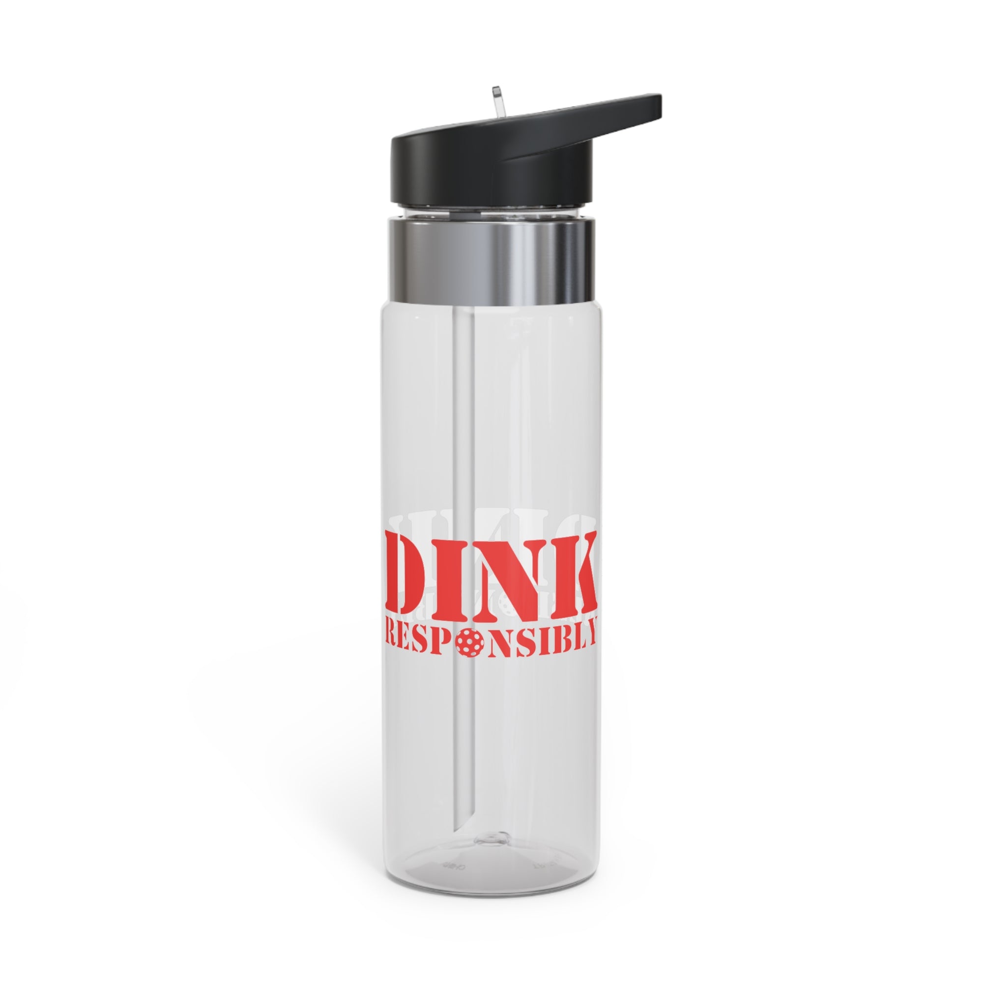 A clear water bottle with red text 'DINK RESPONSIBLY' with a pickleball replacing the "O" in "Responsibly" against a white background