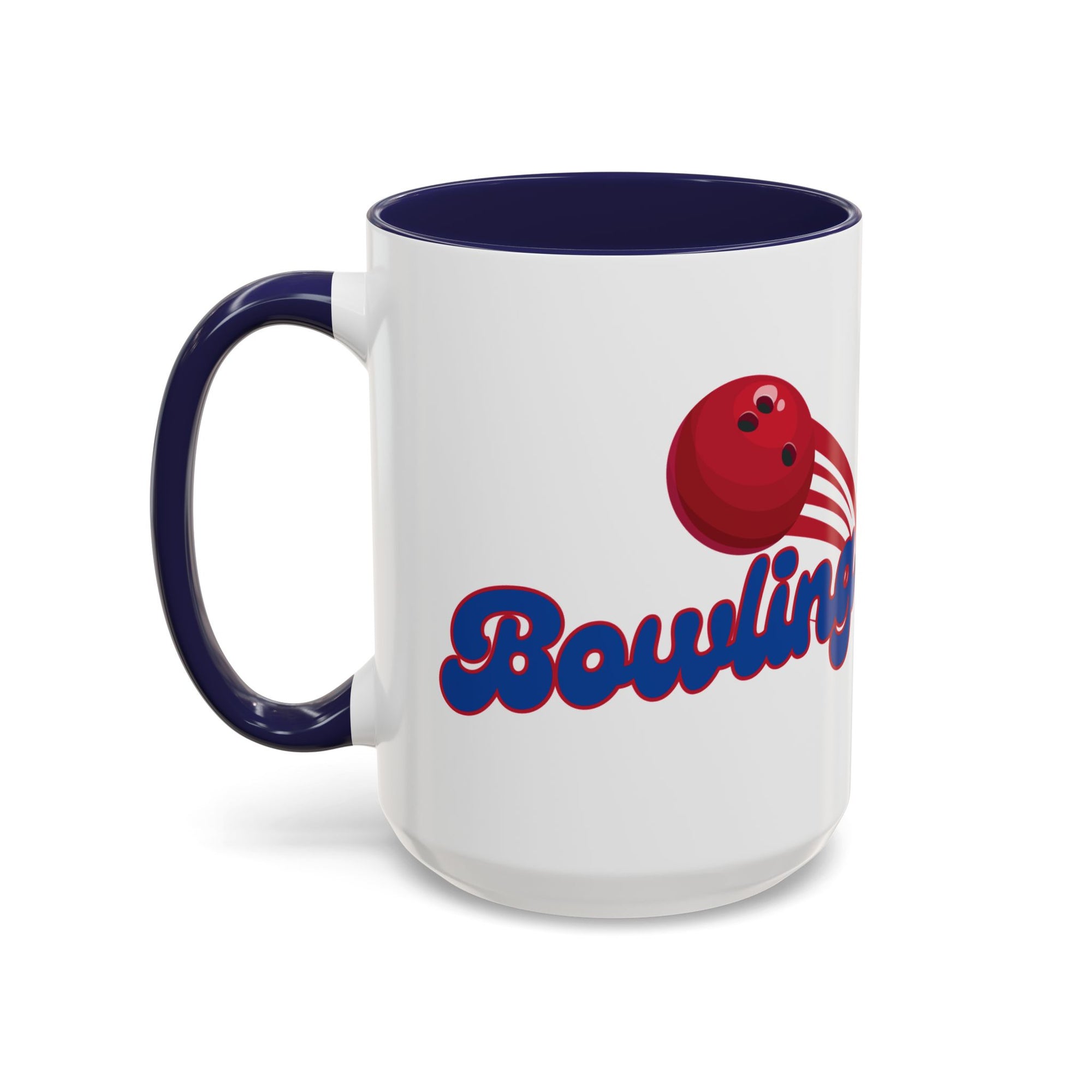 A white ceramic coffee mug with dark blue accents on the handle and interior, with a red bowling ball graphic and 'Bowling' text on a white background