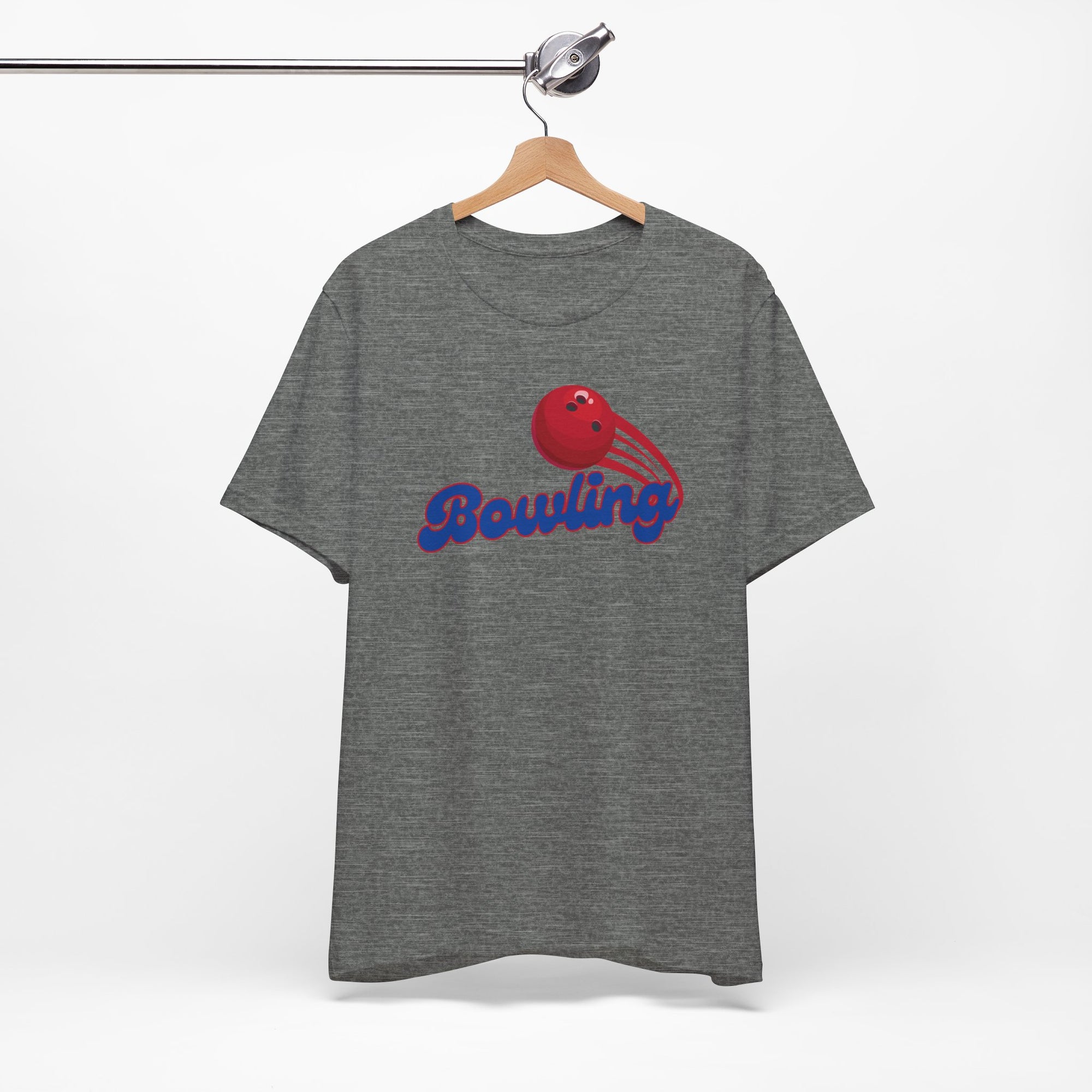 Gray t-shirt with a red bowling ball graphic and 'Bowling' text on a hanger against a white background