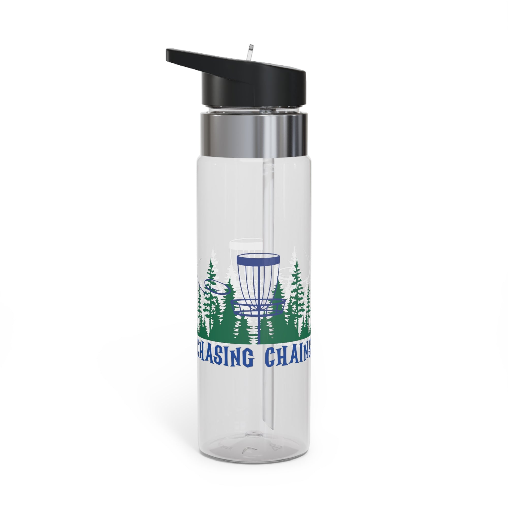 A clear water bottle with 'Chasing Chains' graphic featuring a flying disc golf disc and basket and chains in front of a scenic evergreen tree landscape, against a white background