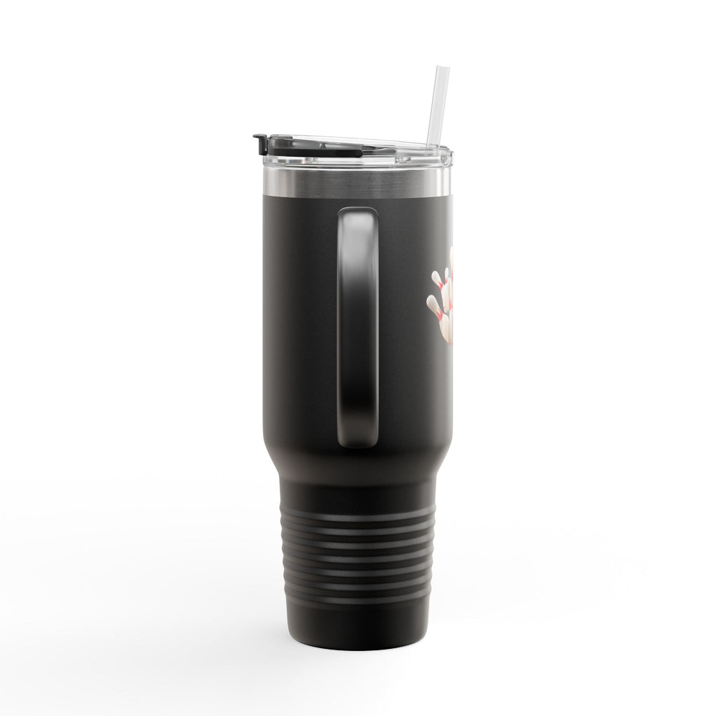 The back side of a black 40oz travel mug with lid and straw, with a graphic of a blue bowling ball knocking over bowling pins, on a white background
