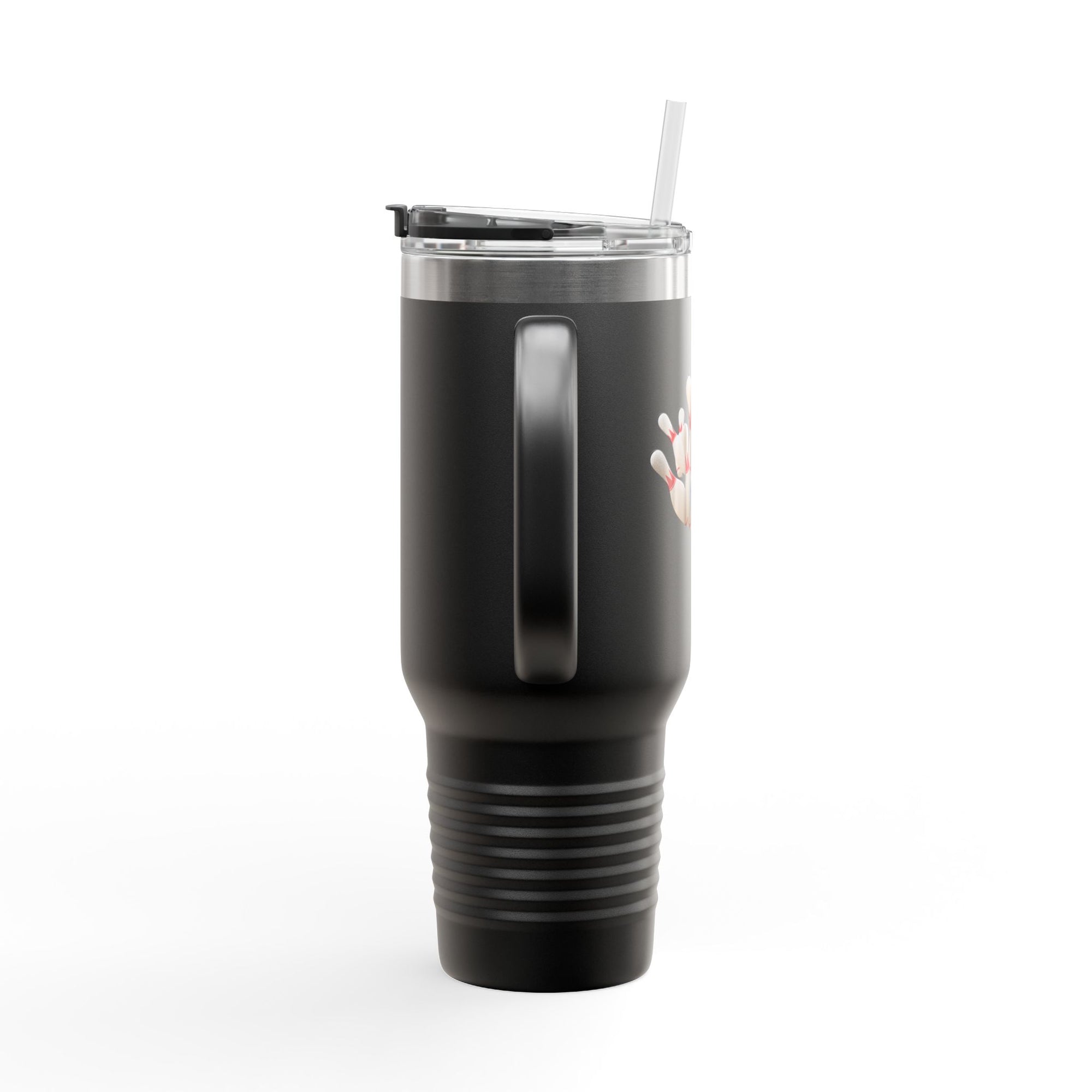The back side of a black 40oz travel mug with lid and straw, with a graphic of a blue bowling ball knocking over bowling pins, on a white background