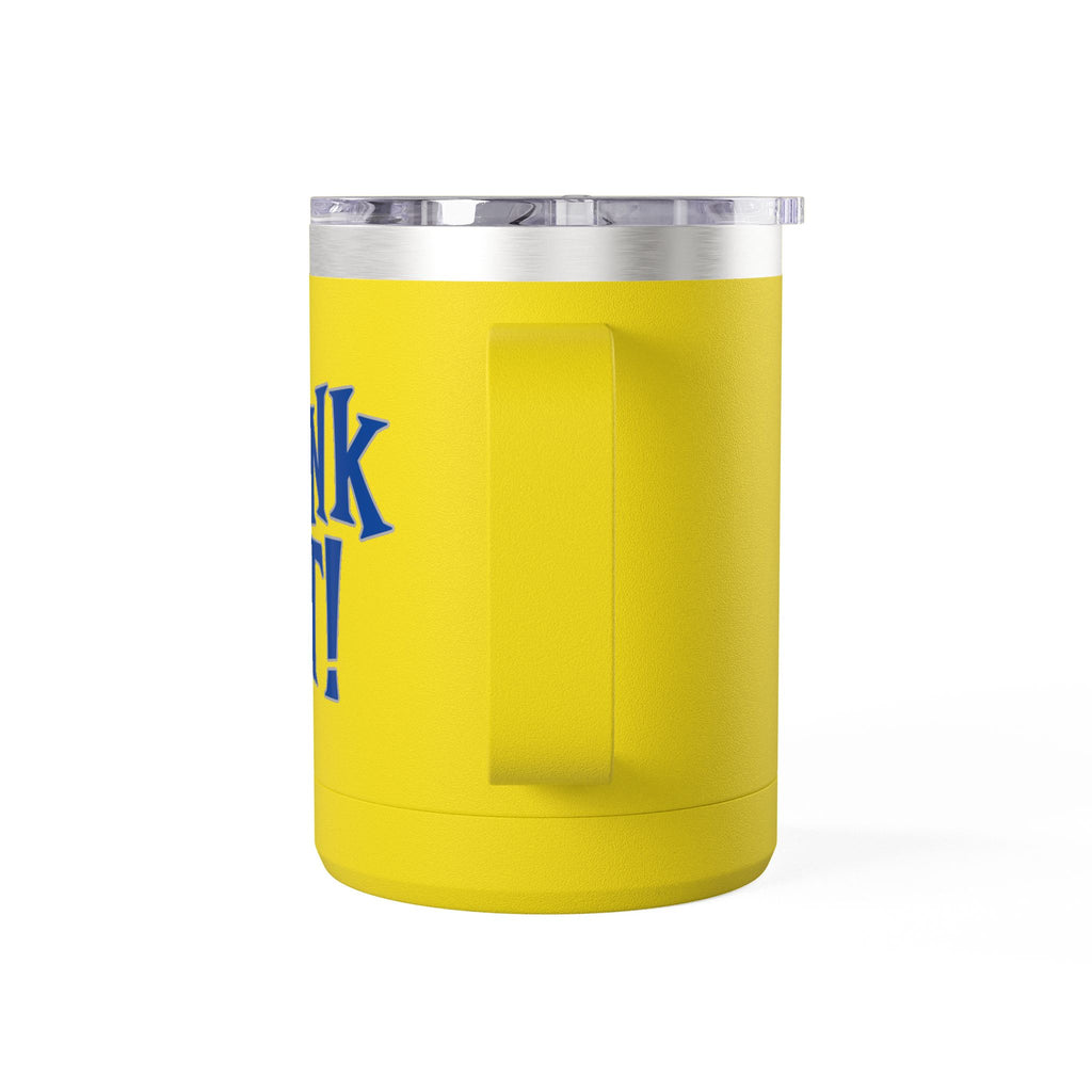 The back side of a yellow stainless steel tumbler with handle and lid featuring the words 'DINK IT!' text in blue and outlined in gray, against a white background