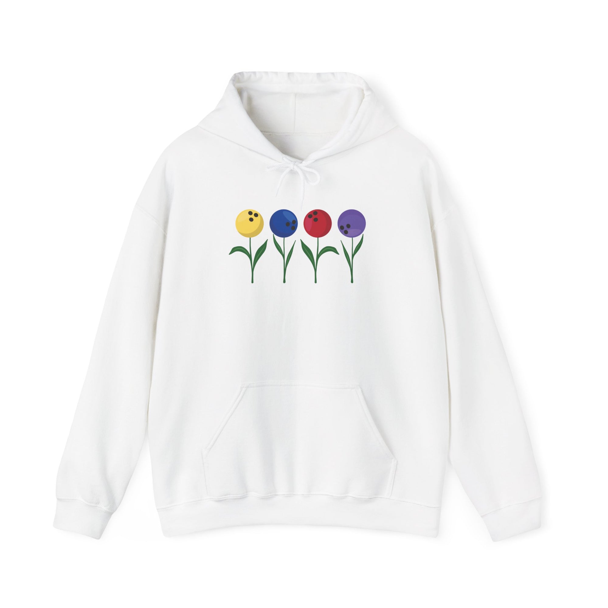 White hoodie with colorful flowers made out of bowling balls, on a white background