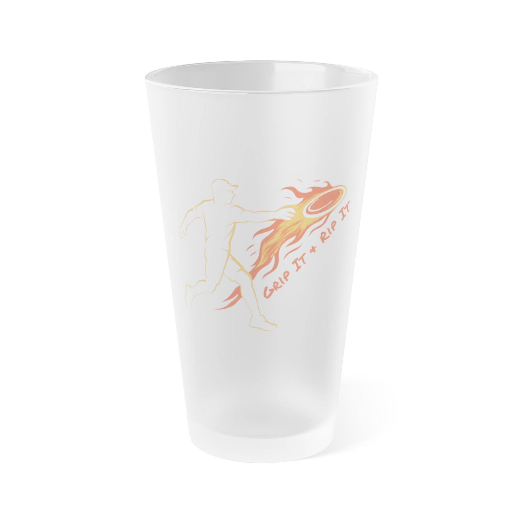 Frosted pint glass with a drawing of a person throwing a disc golf disc with flames behind it and the phrase "Grip I & Rip It," on a white background