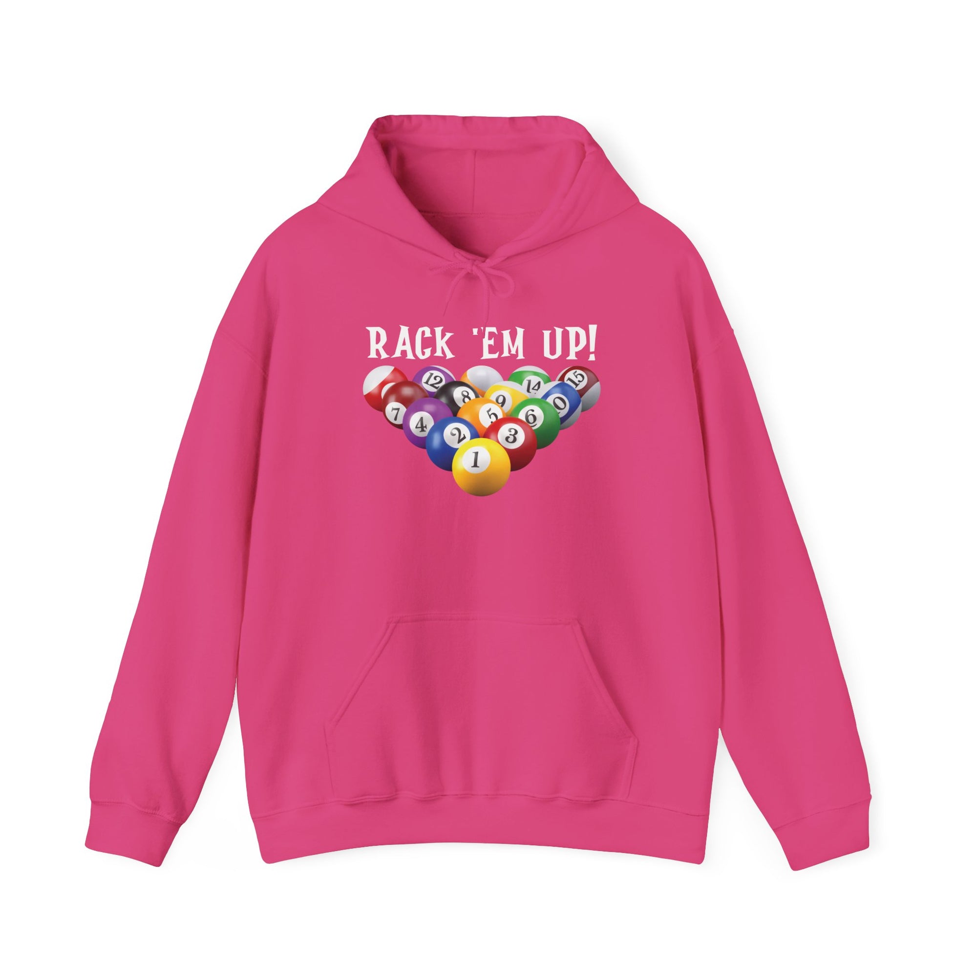 Pink hoodie with racked pool ball design and 'Rack 'Em Up!' text, against a white background
