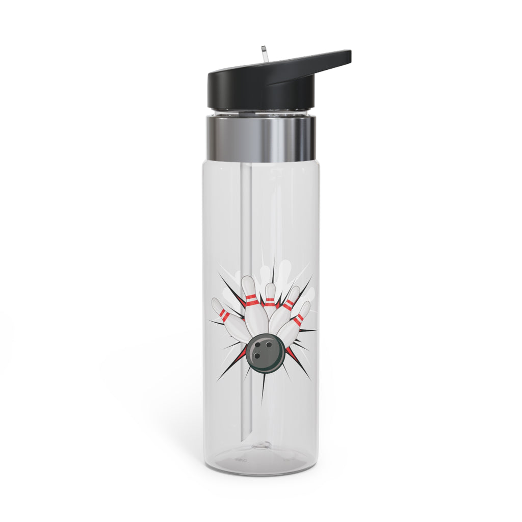 A clear water bottle with a black lid, with a graphic design of a bowling ball smashing into pins on a white background