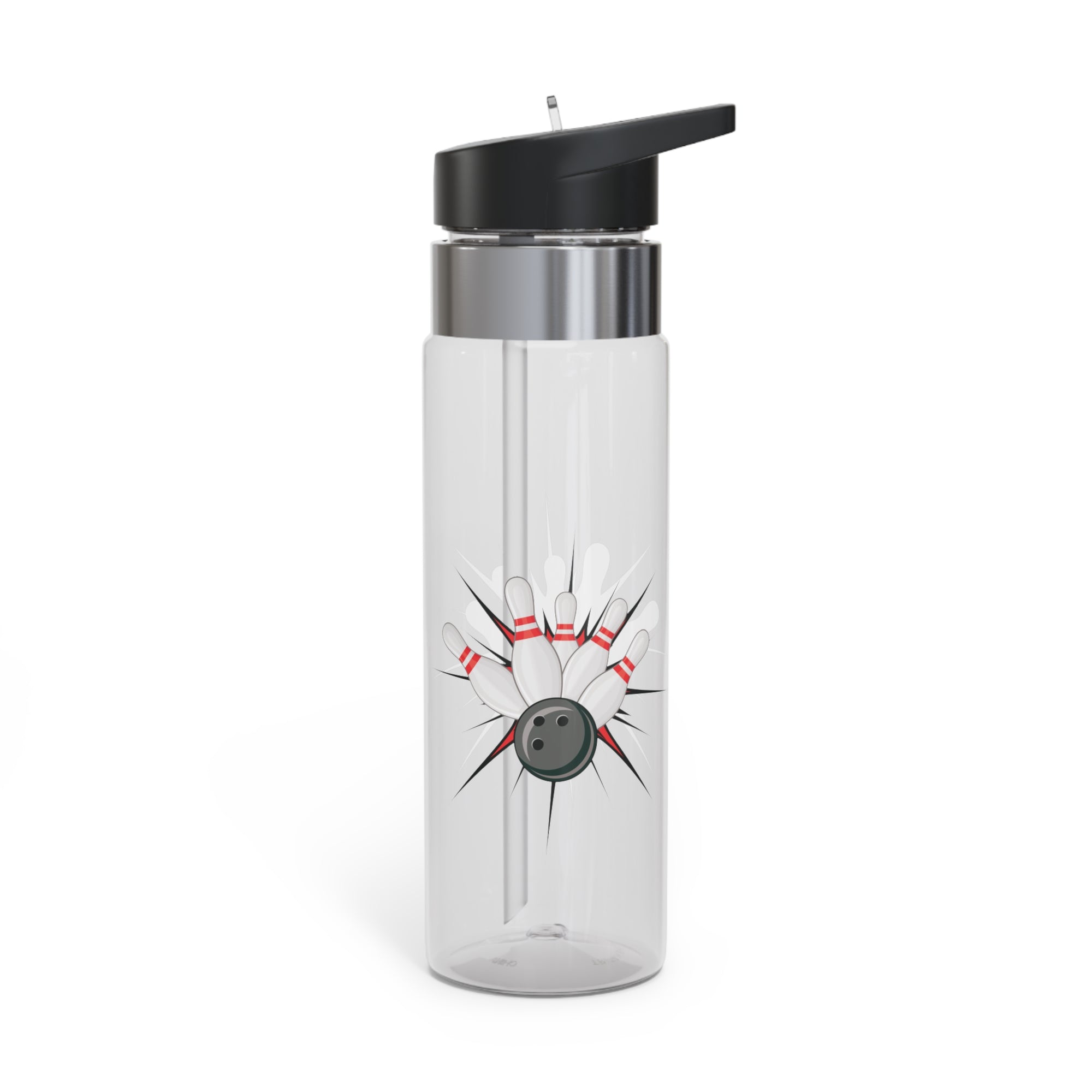 A clear water bottle with a black lid, with a graphic design of a bowling ball smashing into pins on a white background