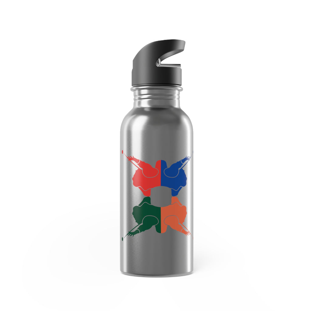 A stainless steel water bottle with colorful graphic of 4 billiards player silhouettes in a pop art style, against a white background