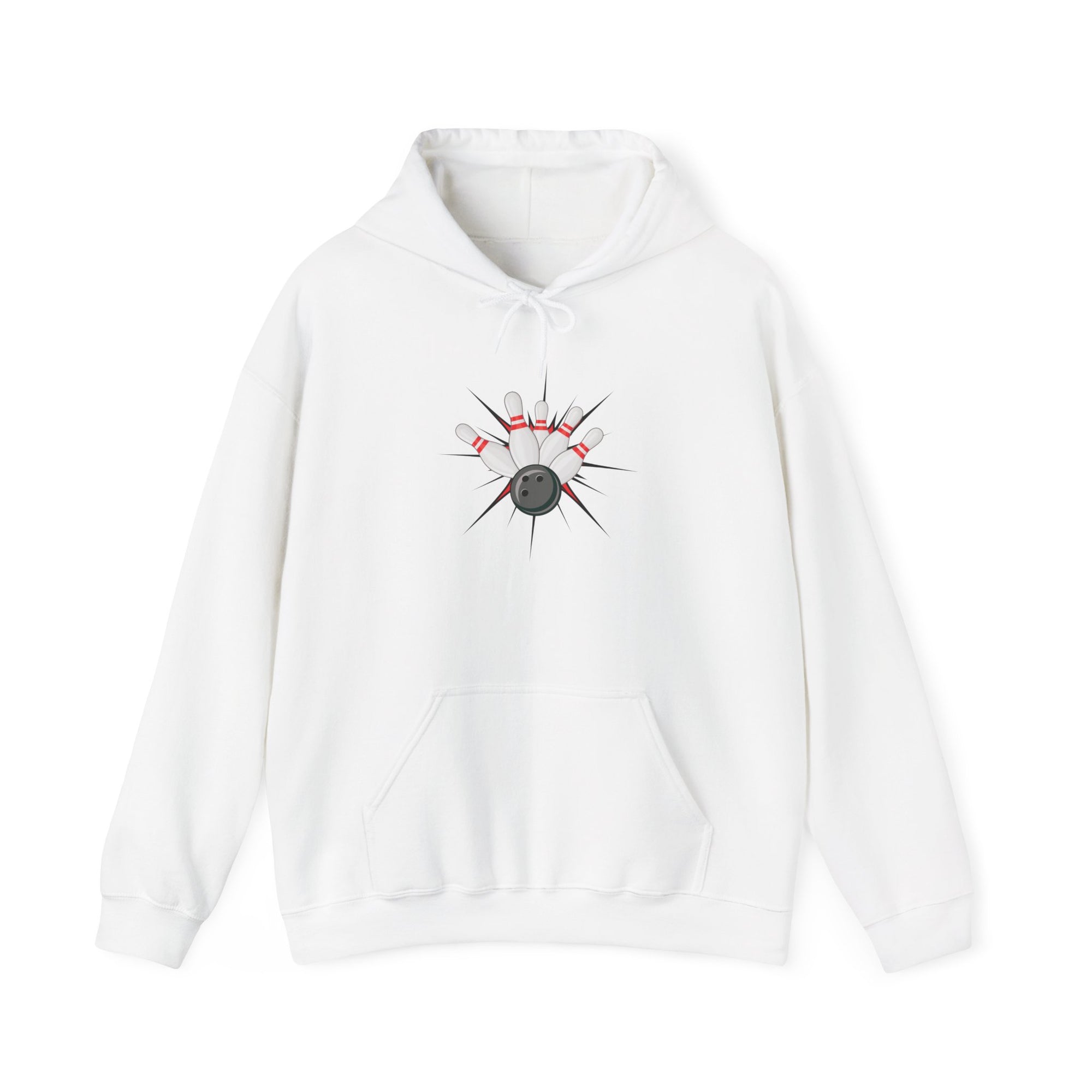 White hoodie with a graphic design of a bowling ball smashing into pins on a white background
