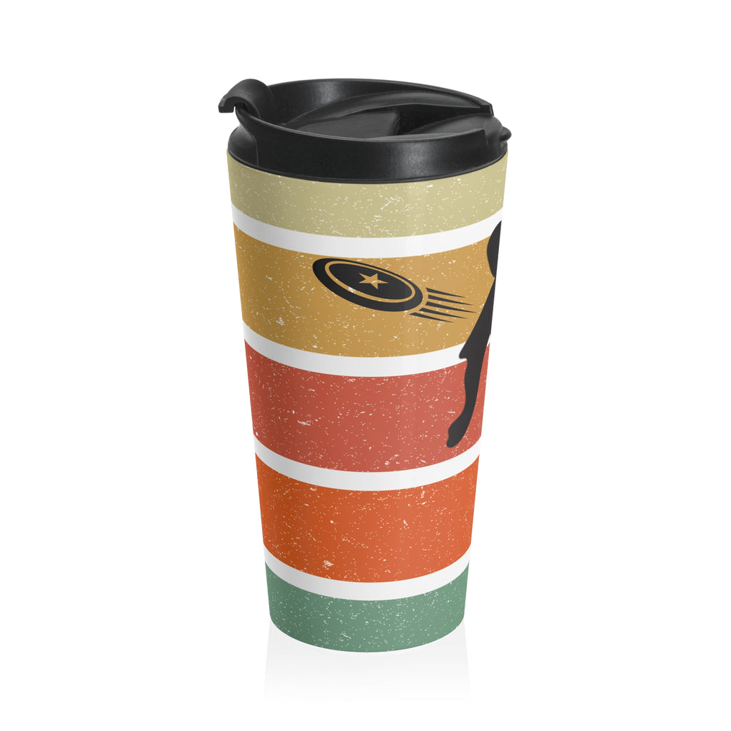 Side view of a travel mug with a silhouette design of a disc golf player over a colorful retro image, on a white background