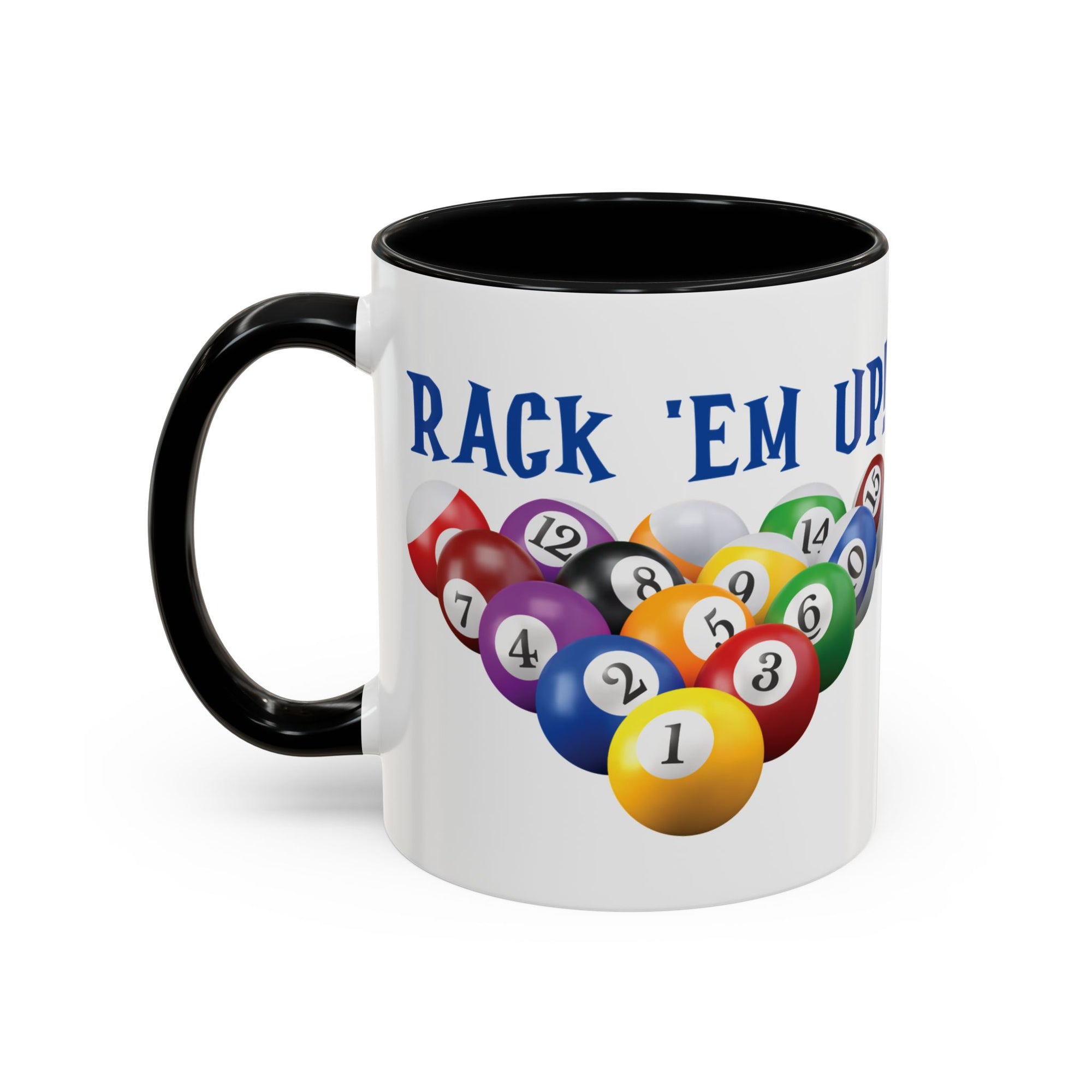 A white ceramic coffee mug with black accents on the handle and interior, with racked pool ball design and 'Rack 'Em Up!' text, against a white background