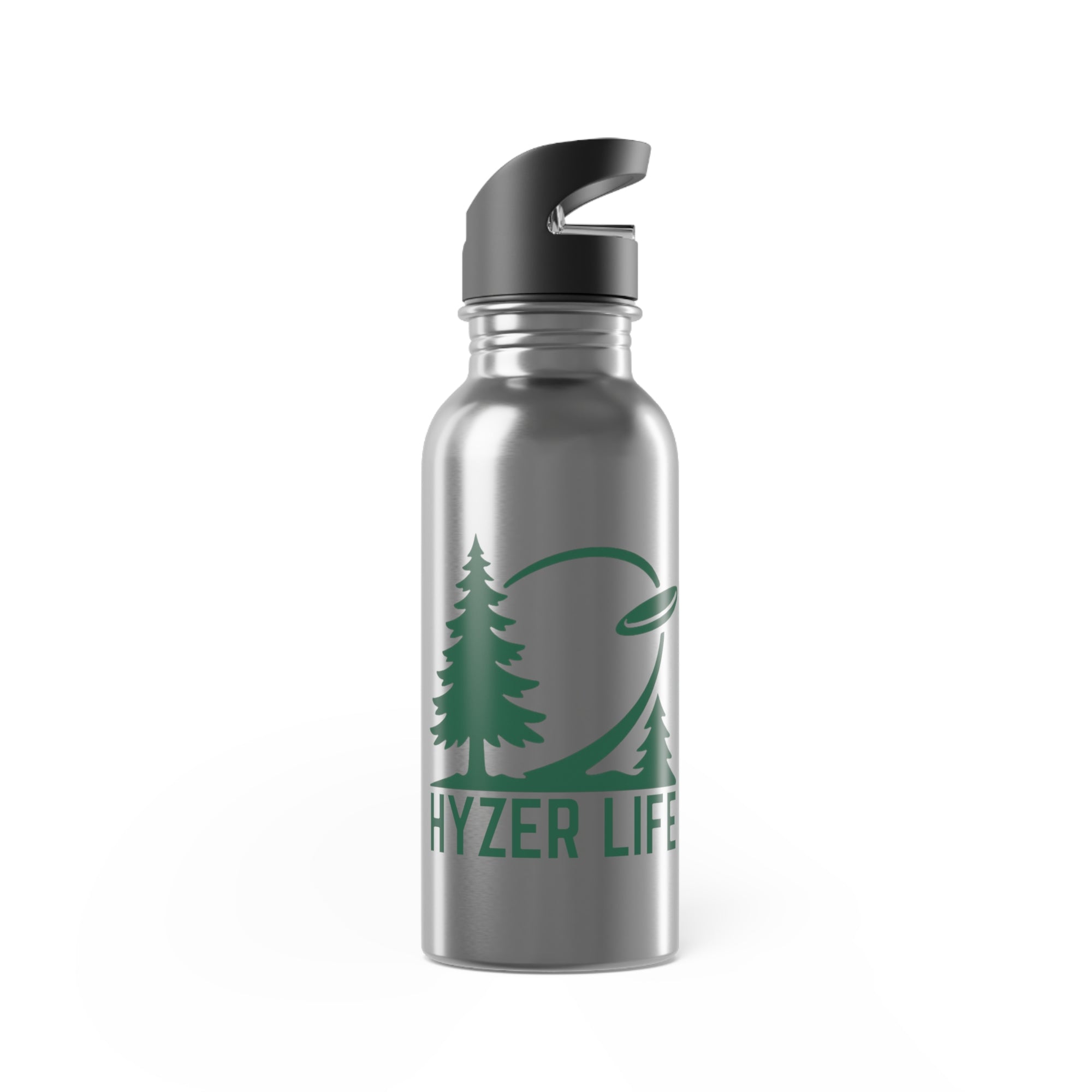 Stainless steel water bottle with lid with green graphic of trees and a disc golf flying with the words 'HYZER LIFE' below the image, on a white background.