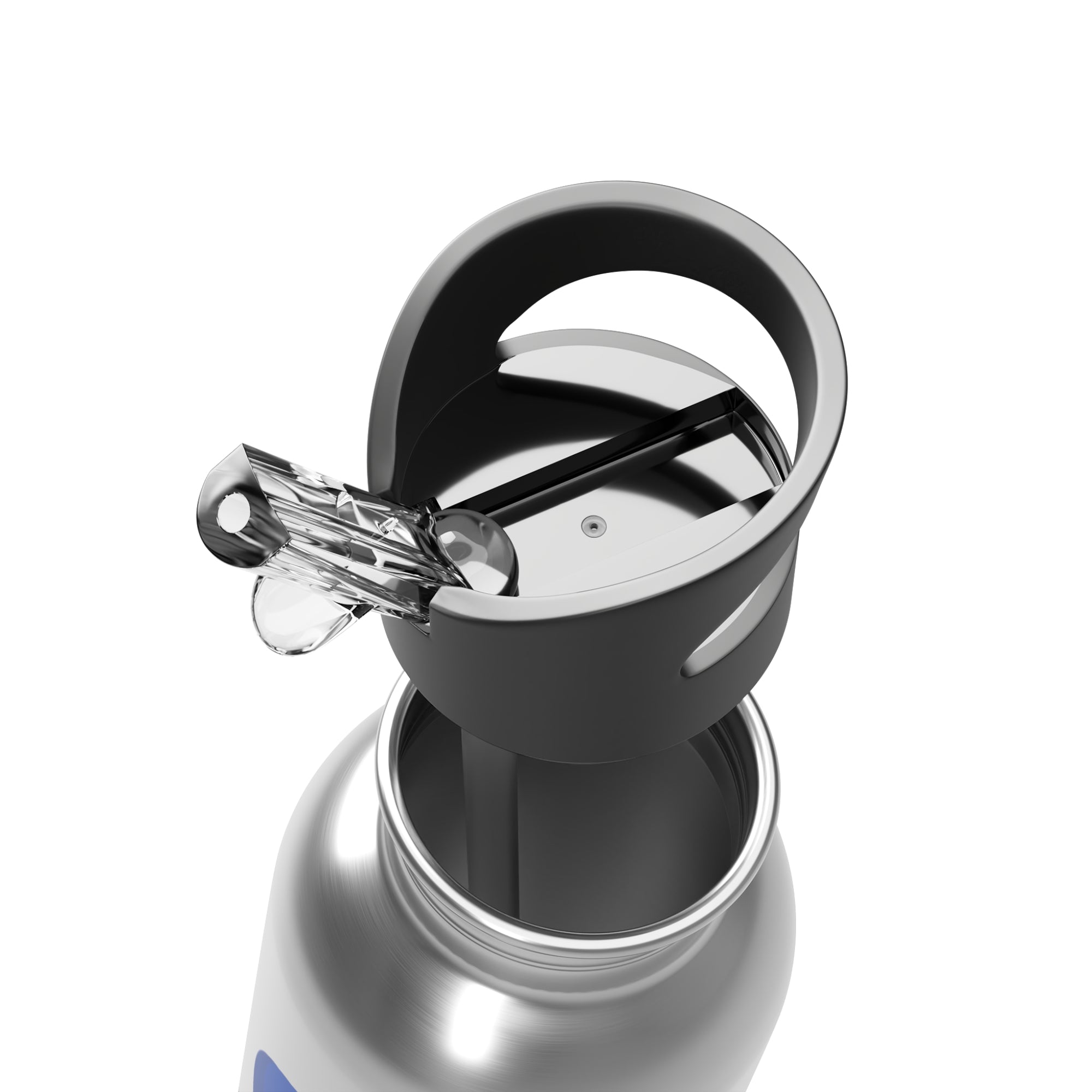 Close-up of a silver water bottle with a black cap on a white background
