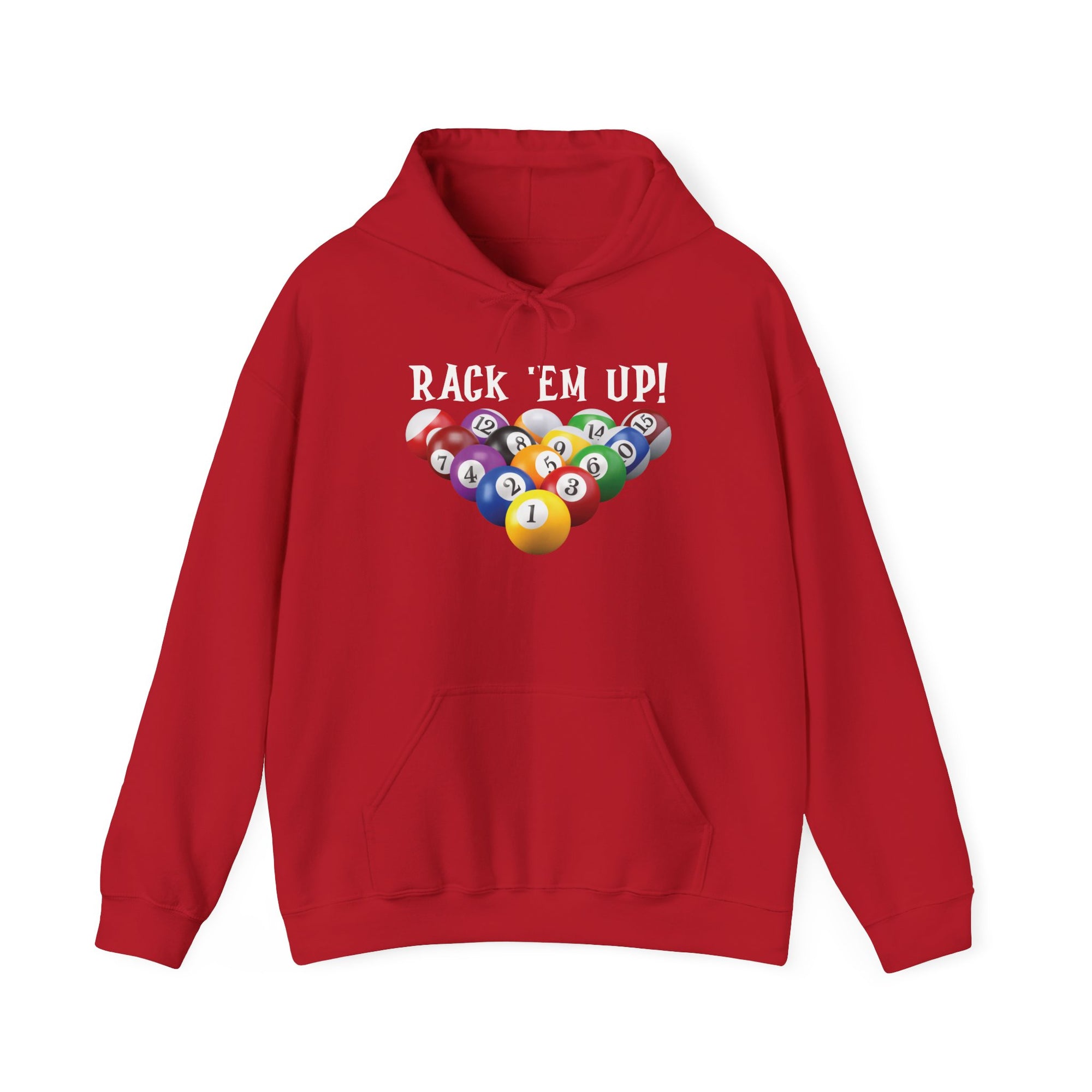 Red hoodie with racked pool ball design and 'Rack 'Em Up!' text, against a white background