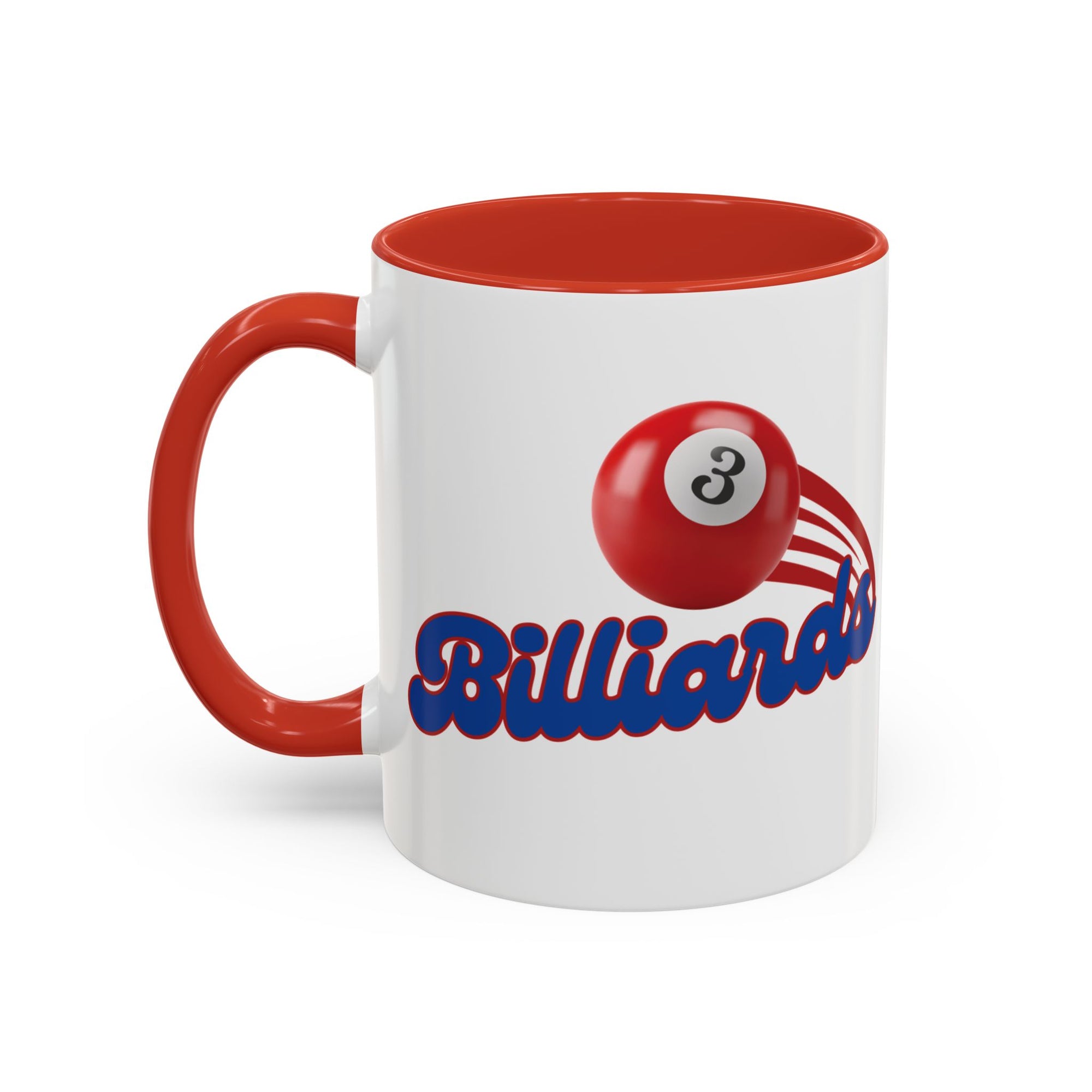 A white ceramic coffee mug with red accents on the handle and interior, with billiards ball and text that says "Billiards" against a white background 