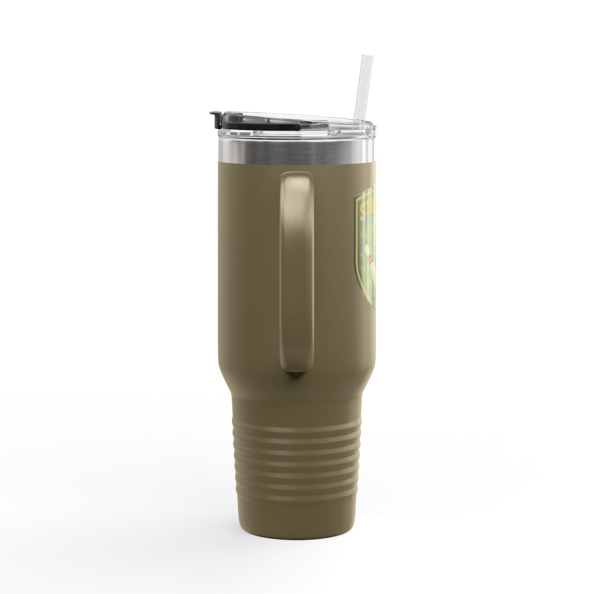 Side view of a green 40oz travel mug with lid and straw, with bowling 'Strike Force' military-style patch on a white background
