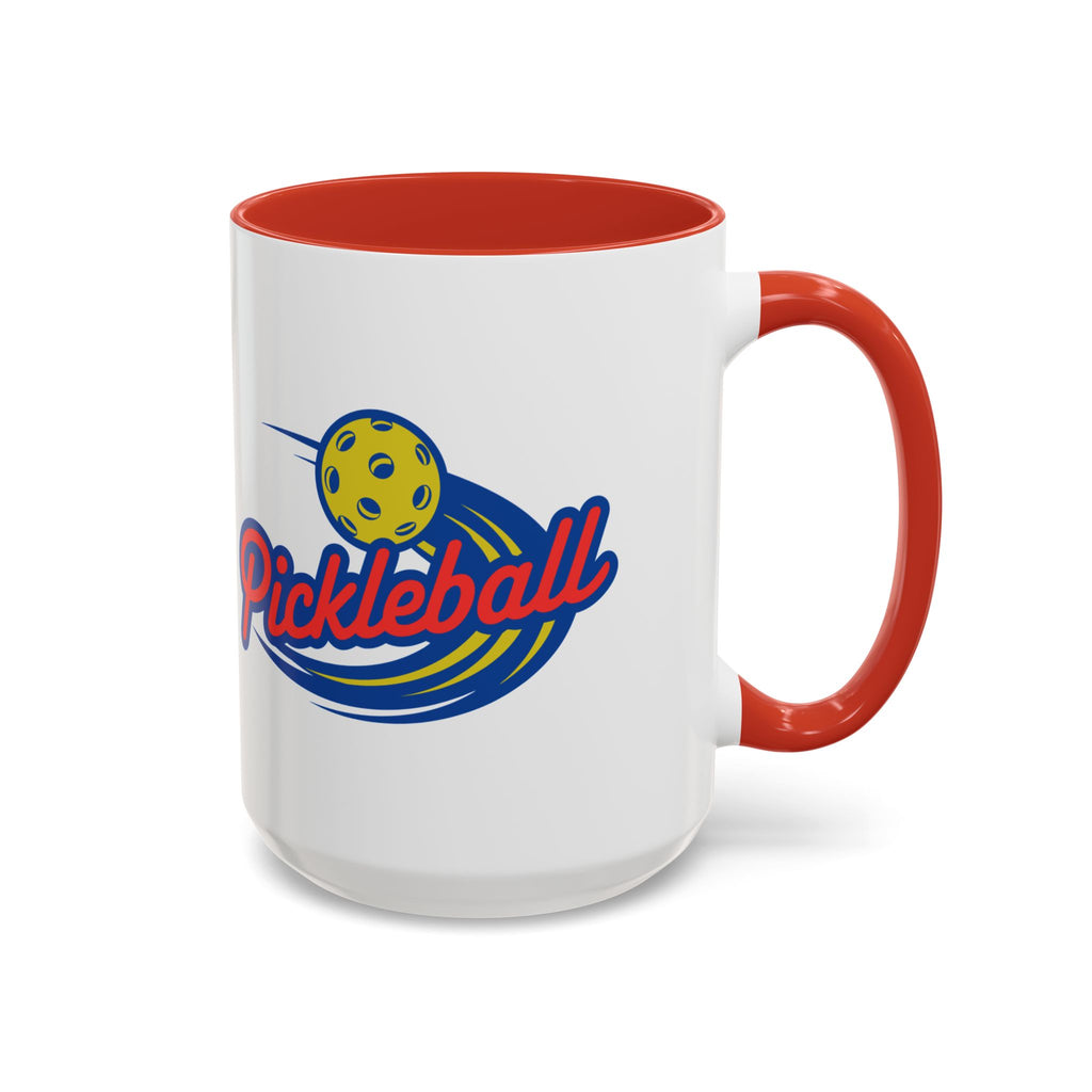 Ceramic coffee mug with red accents on the handle and interior, with a classic pickleball logo featuring the word pickleball and a yellow pickleball with motion lines, against a white background