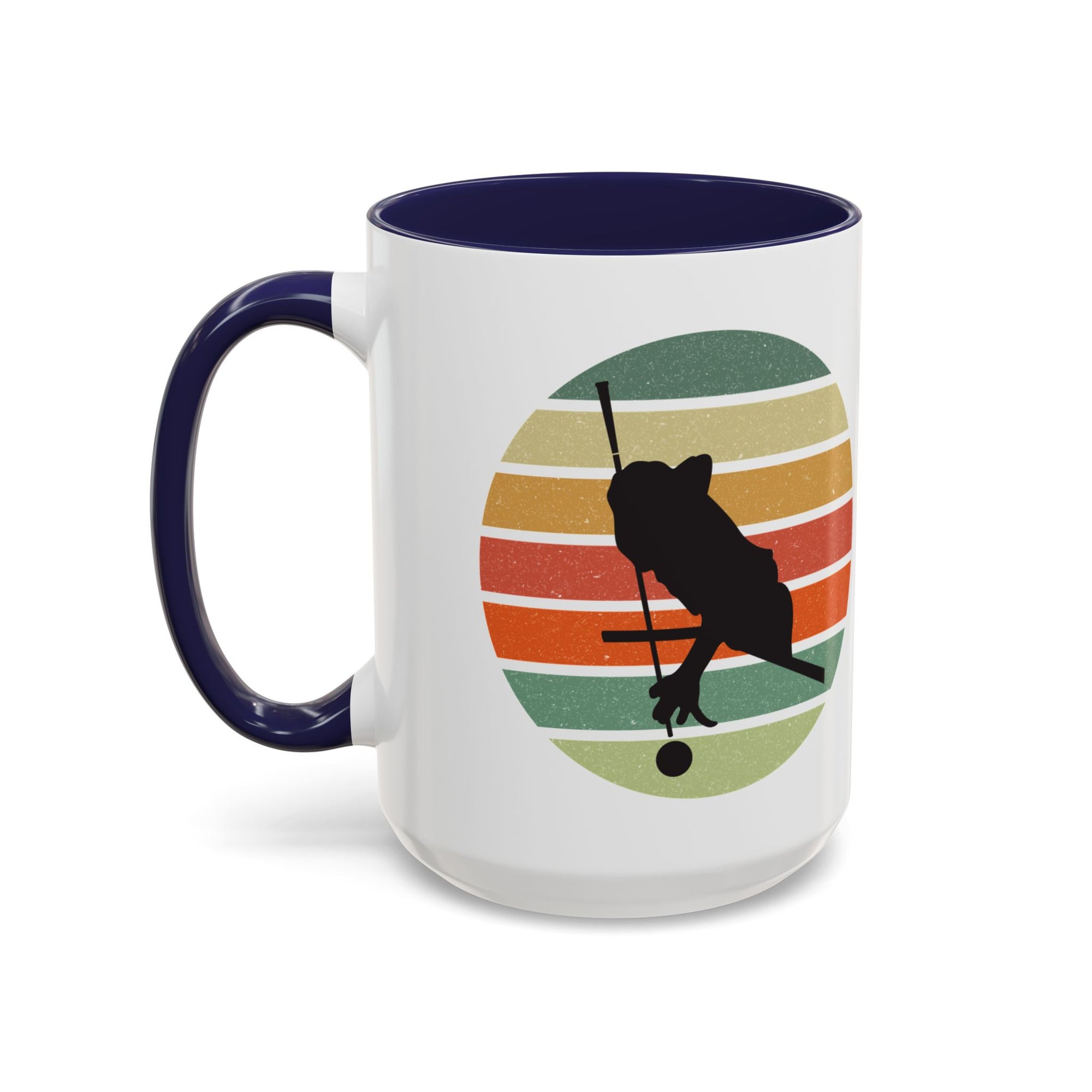 Mug with dark blue accents and a graphic of a billiards player silhouette over a colorful retro design on a white background.