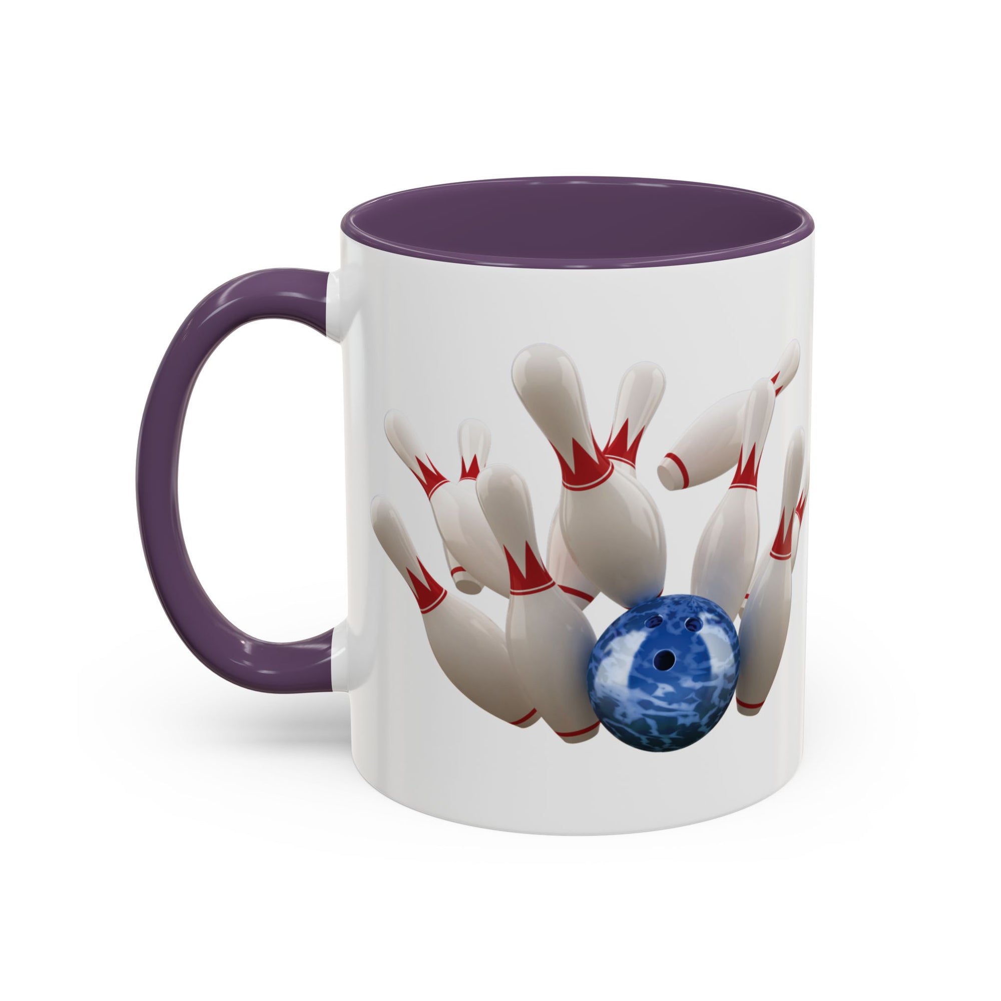 A white ceramic coffee mug with purple accents on the handle and interior, with a graphic of a blue bowling ball knocking over bowling pins, on a white background