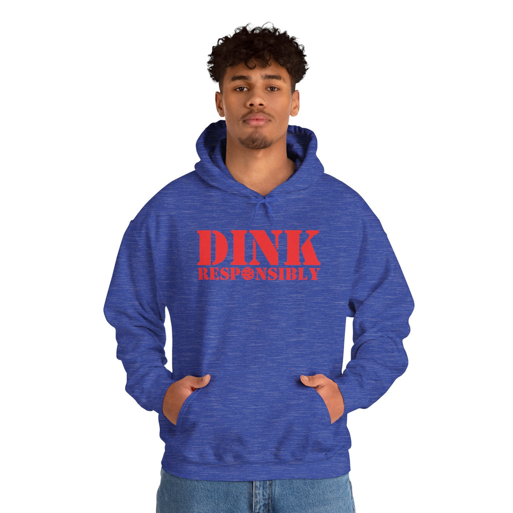 A man wearing a blue hoodie with red text 'DINK RESPONSIBLY' with a pickleball replacing the "O" in "Responsibly" against a white background