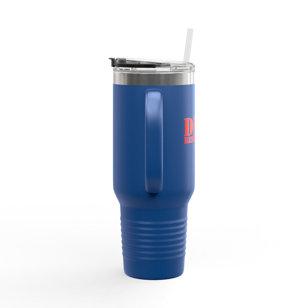 The side view of a blue 40oz travel mug tumbler with red text 'DINK RESPONSIBLY' with a pickleball replacing the "O" in "Responsibly" against a white background