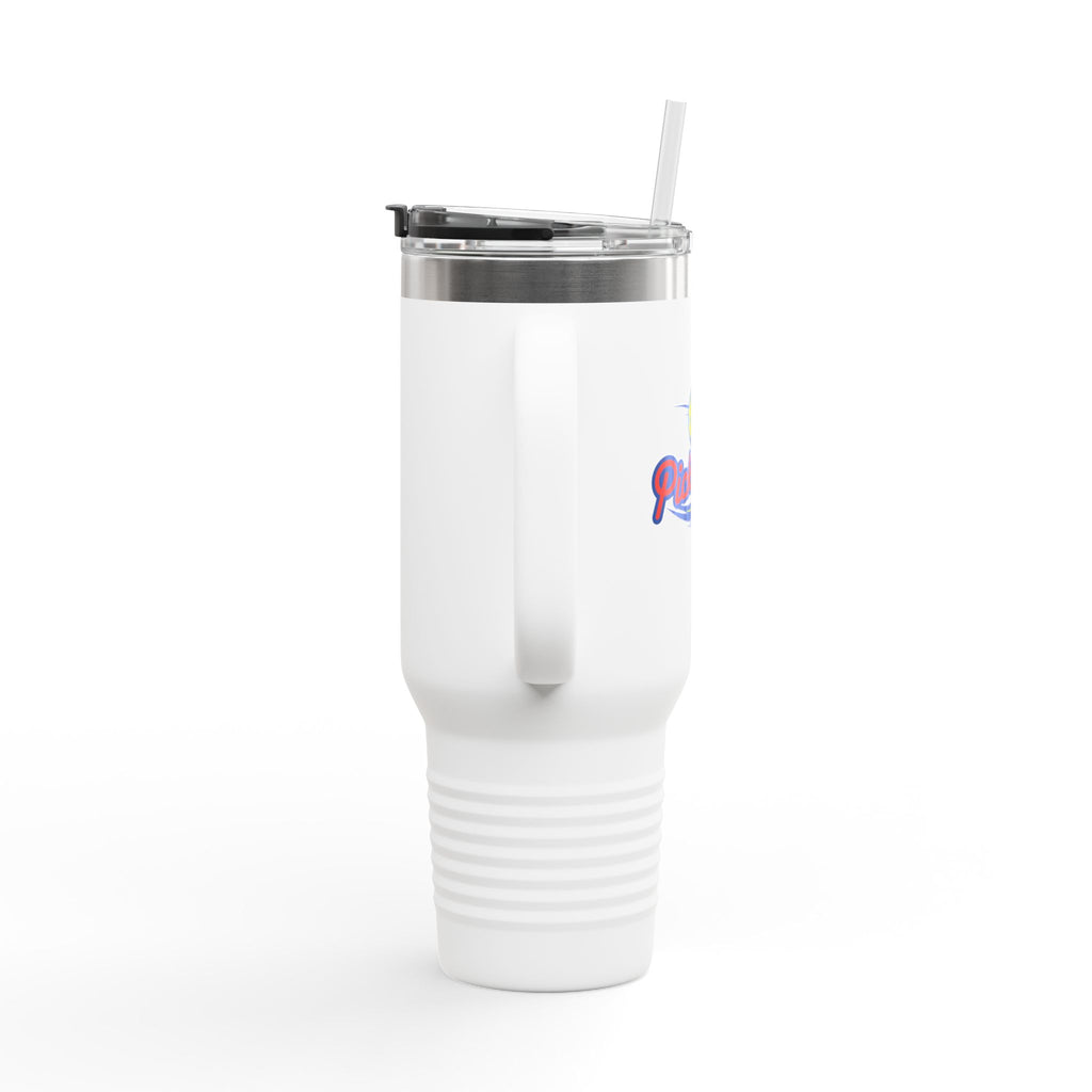 Side view of a white 40oz tumbler mug with a lid and straw with a classic pickleball logo featuring the word pickleball and a yellow pickleball with motion lines, against a white background