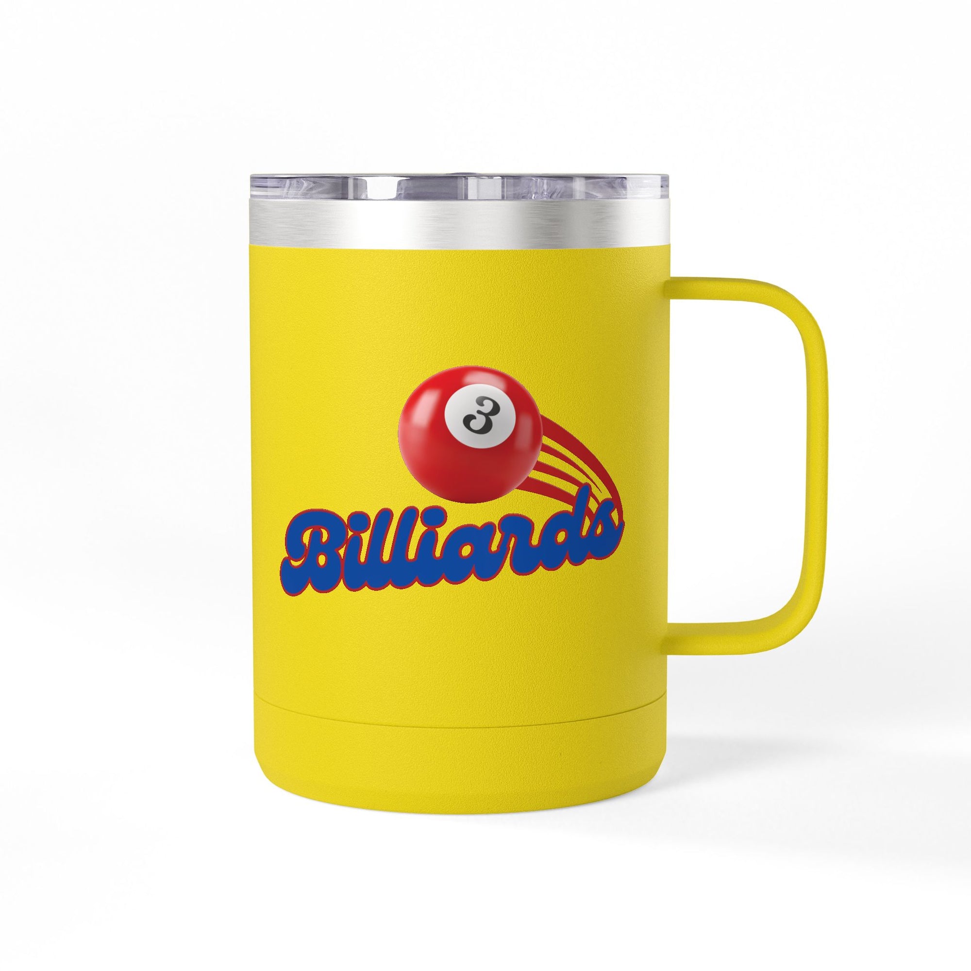 Yellow travel coffee mug tumbler with billiards ball and text that says "Billiards" against a white background