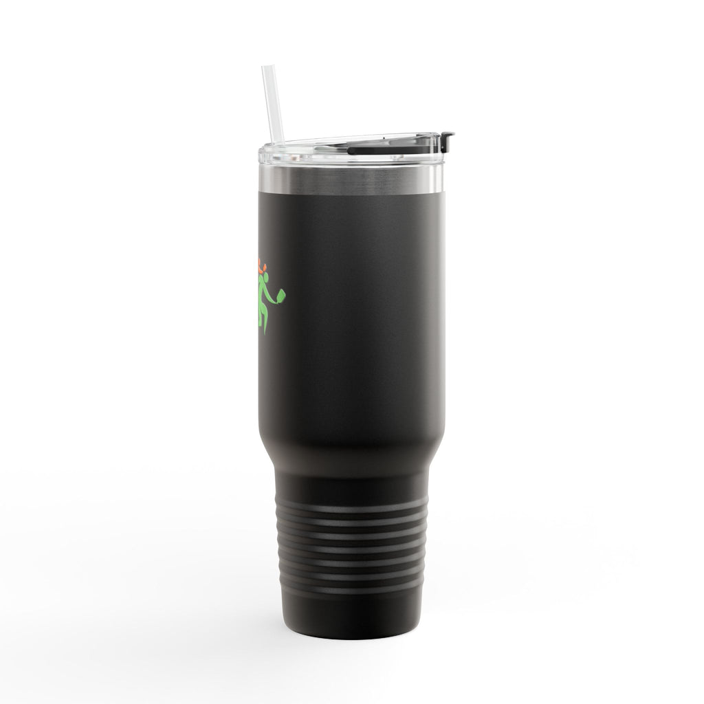 Side view of a black 40oz travel tumbler with lid and straw featuring an image of four colorful pickleball player drawings playing pickleball against a white background