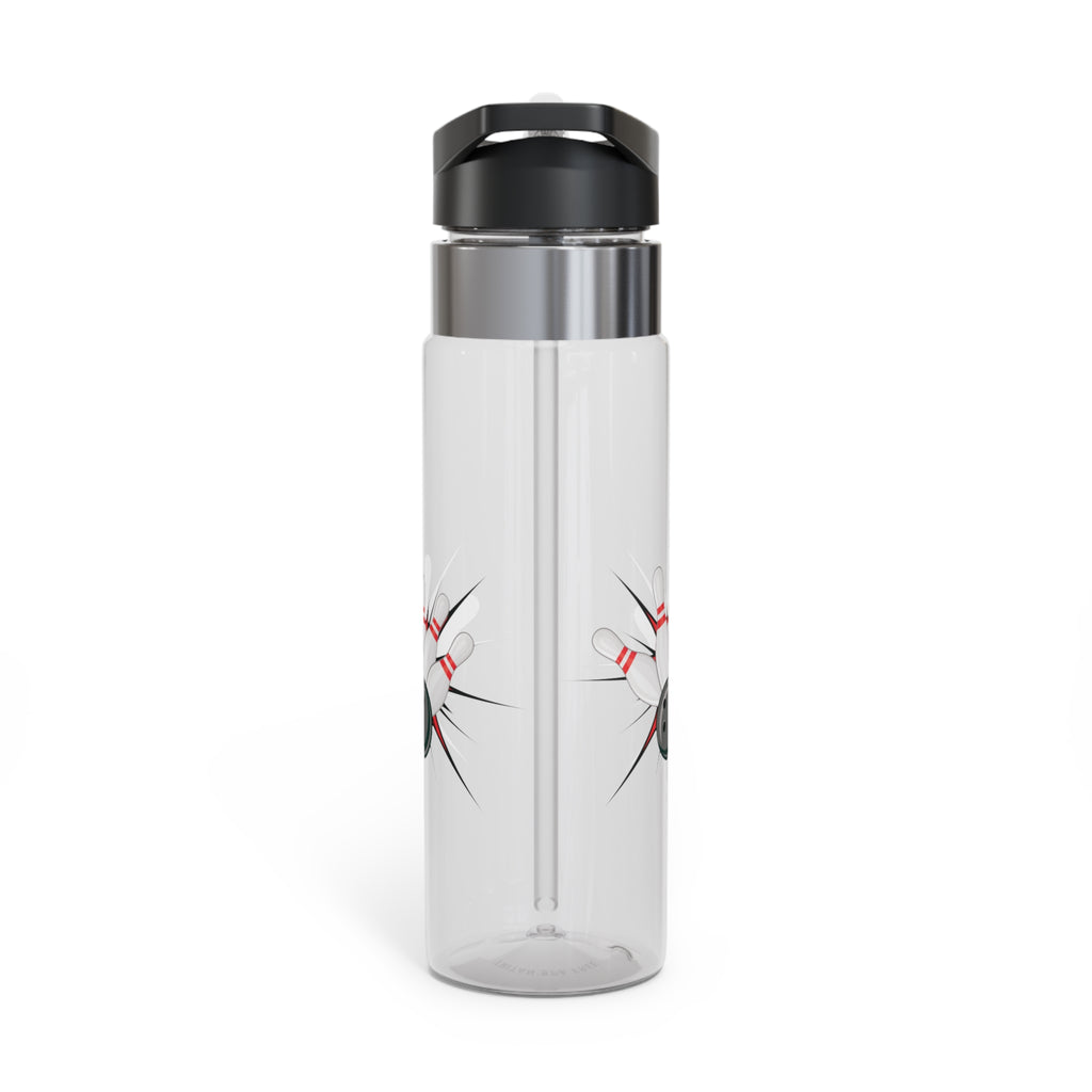 A clear water bottle with a black lid, with a graphic design of a bowling ball smashing into pins on a white background