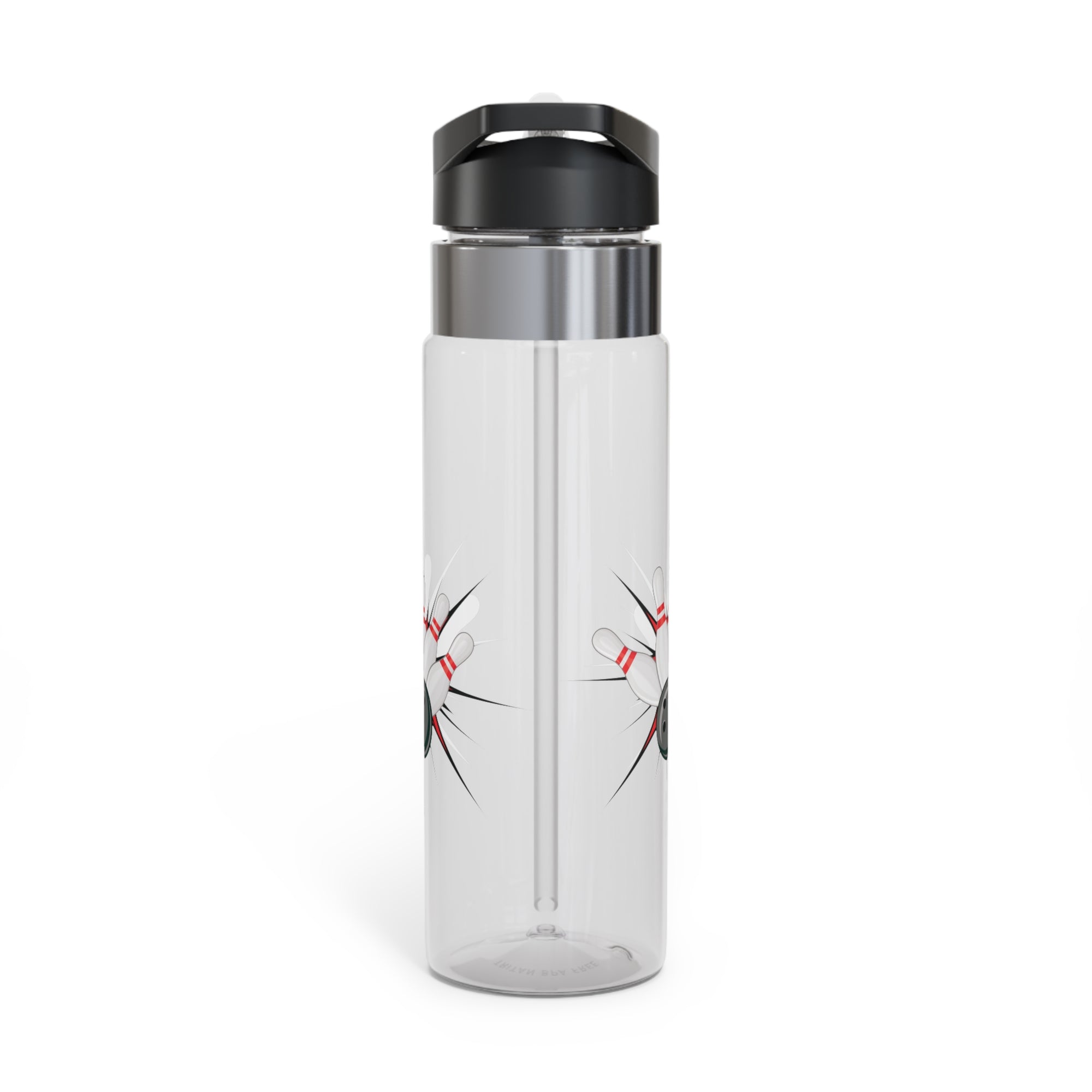 A clear water bottle with a black lid, with a graphic design of a bowling ball smashing into pins on a white background