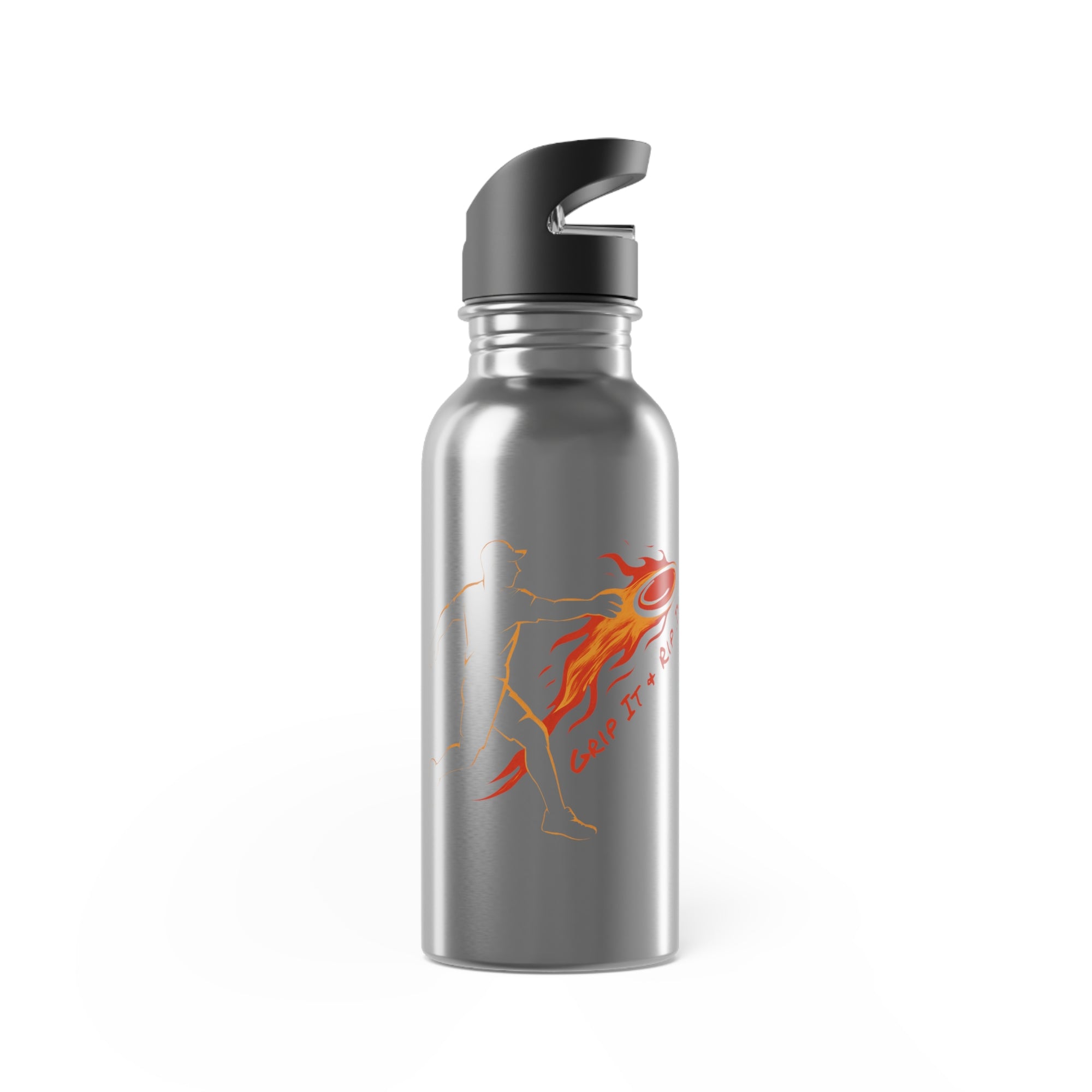 A stainless steel water bottle with lid featuring a graphic design of a person throwing a disc golf disc with flames coming off the disc and text 'Grip It or Rip It' against a white background.