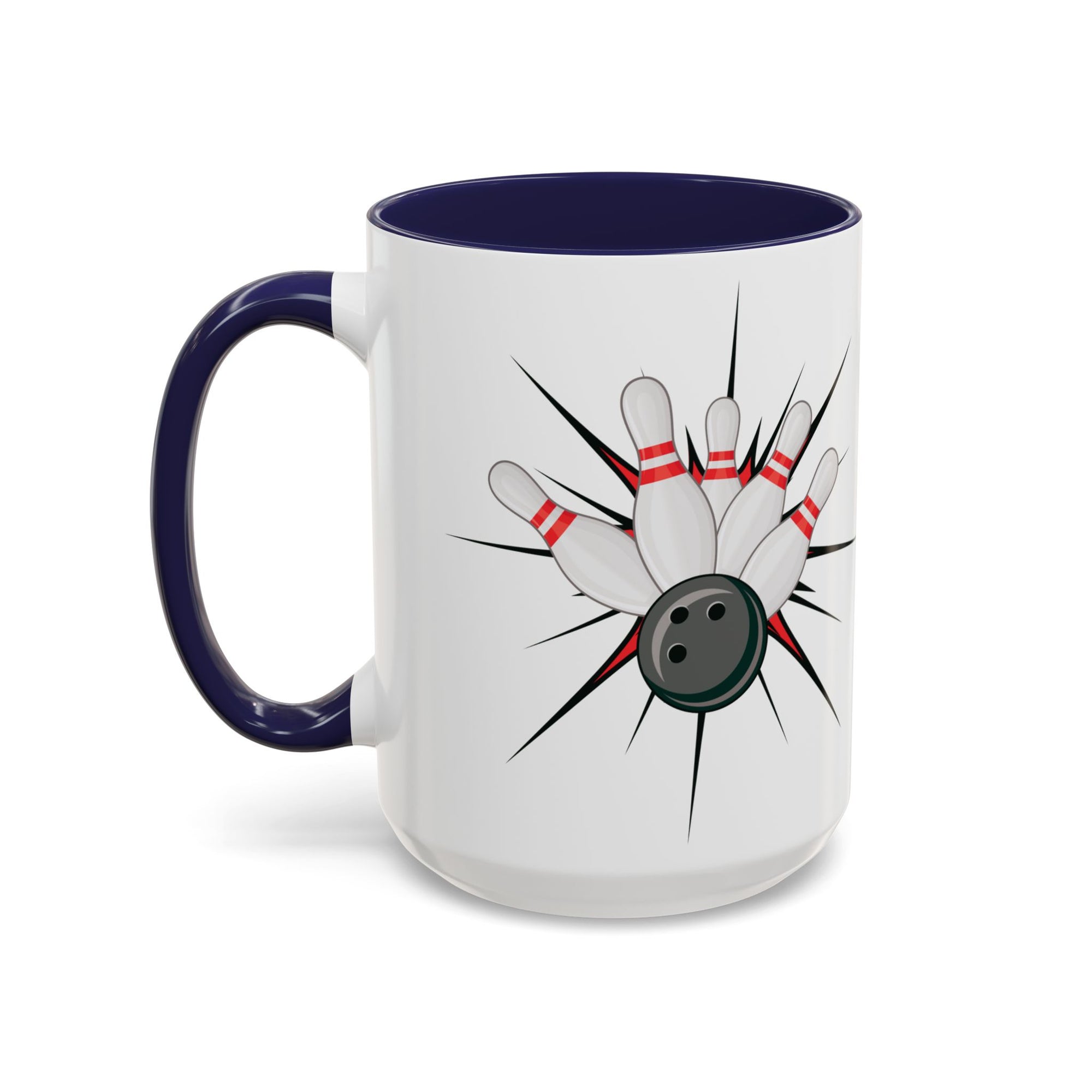 A white ceramic coffee mug with dark blue accents on the handle and interior, with a graphic design of a bowling ball smashing into pins on a white background