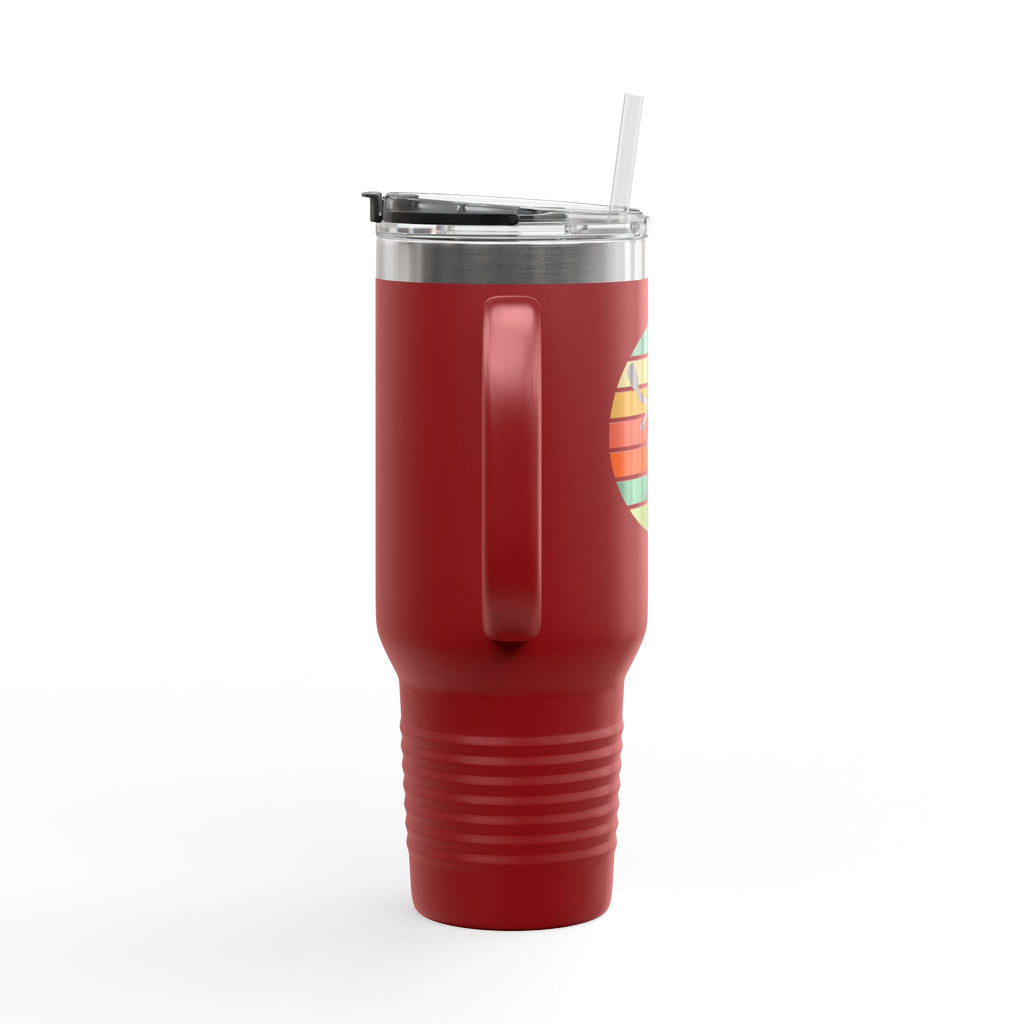 Red travel tumbler with a pickleball player silhouette design colorful retro background