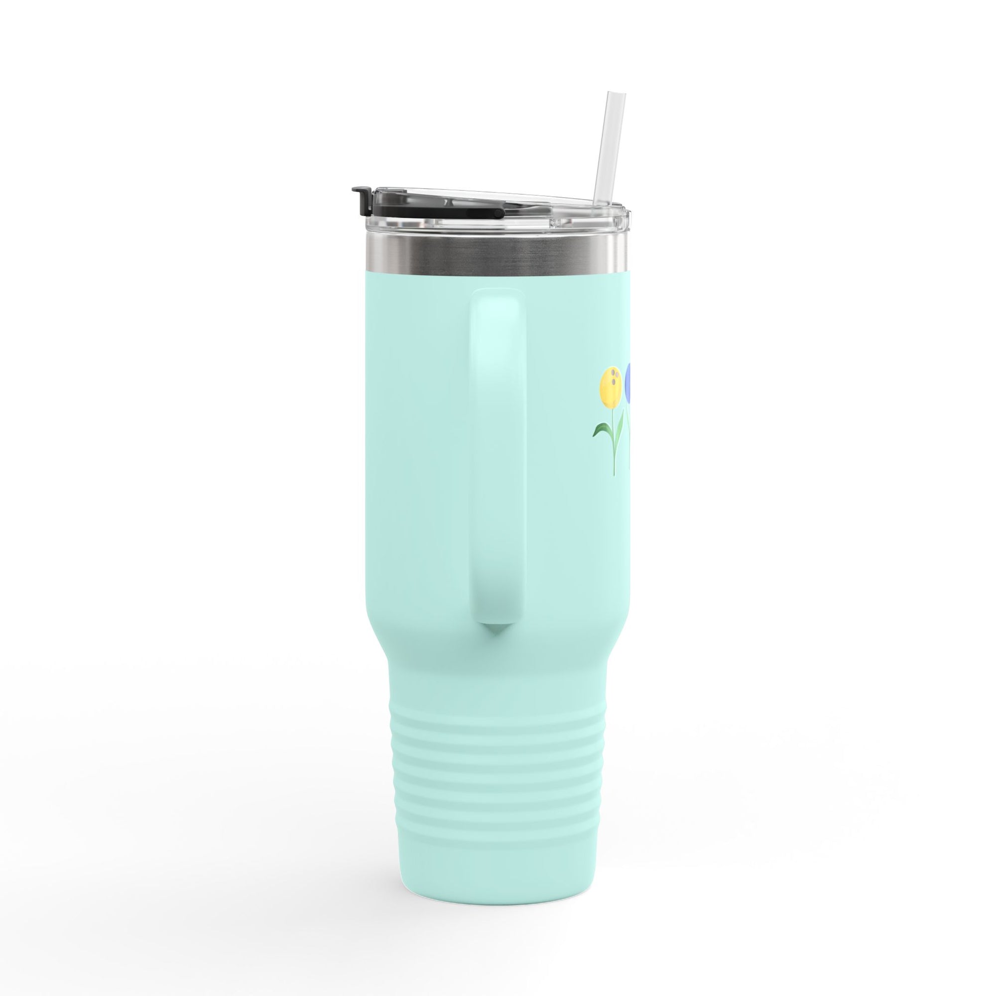 The view of the handle of a teal 40oz travel mug tumbler with lid, handle and straw, with colorful flowers made out of bowling balls, on a white background