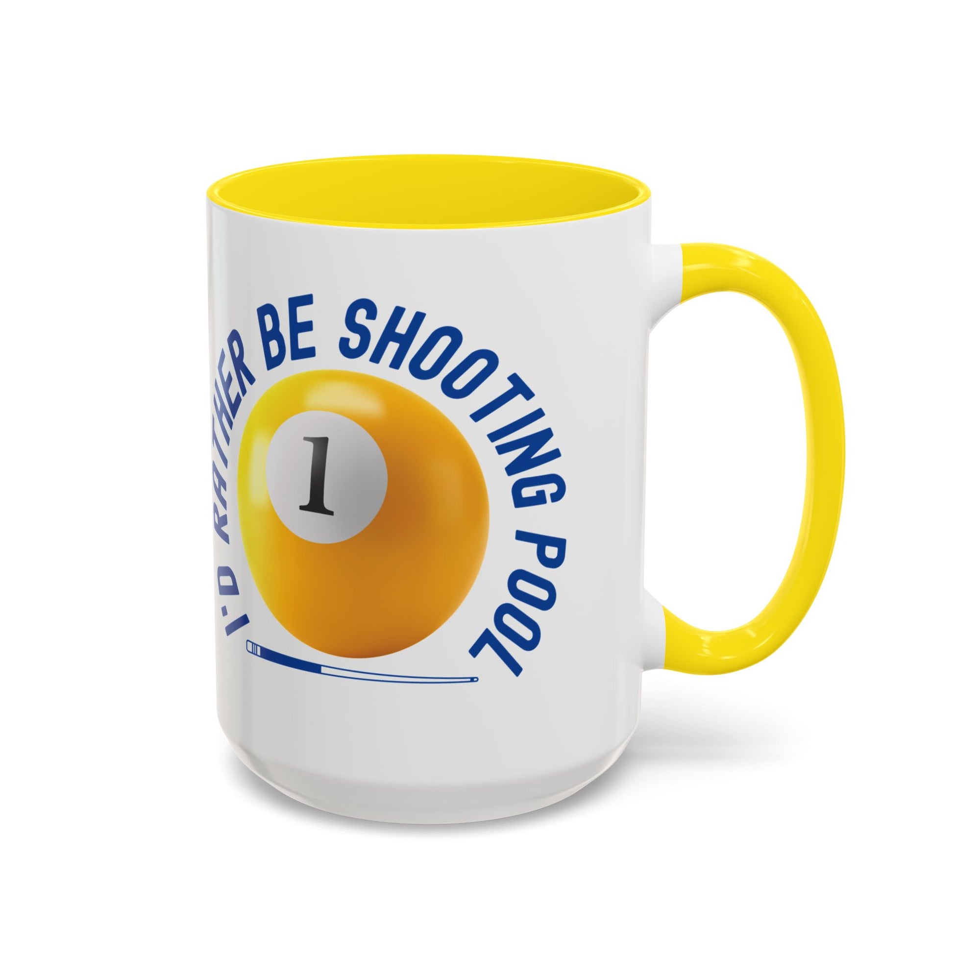 Ceramic coffee mug with yellow accents on the handle and interior, with a yellow billiards ball and cue stick graphic and the text "I'd Rather Be Shooting Pool" on a white background