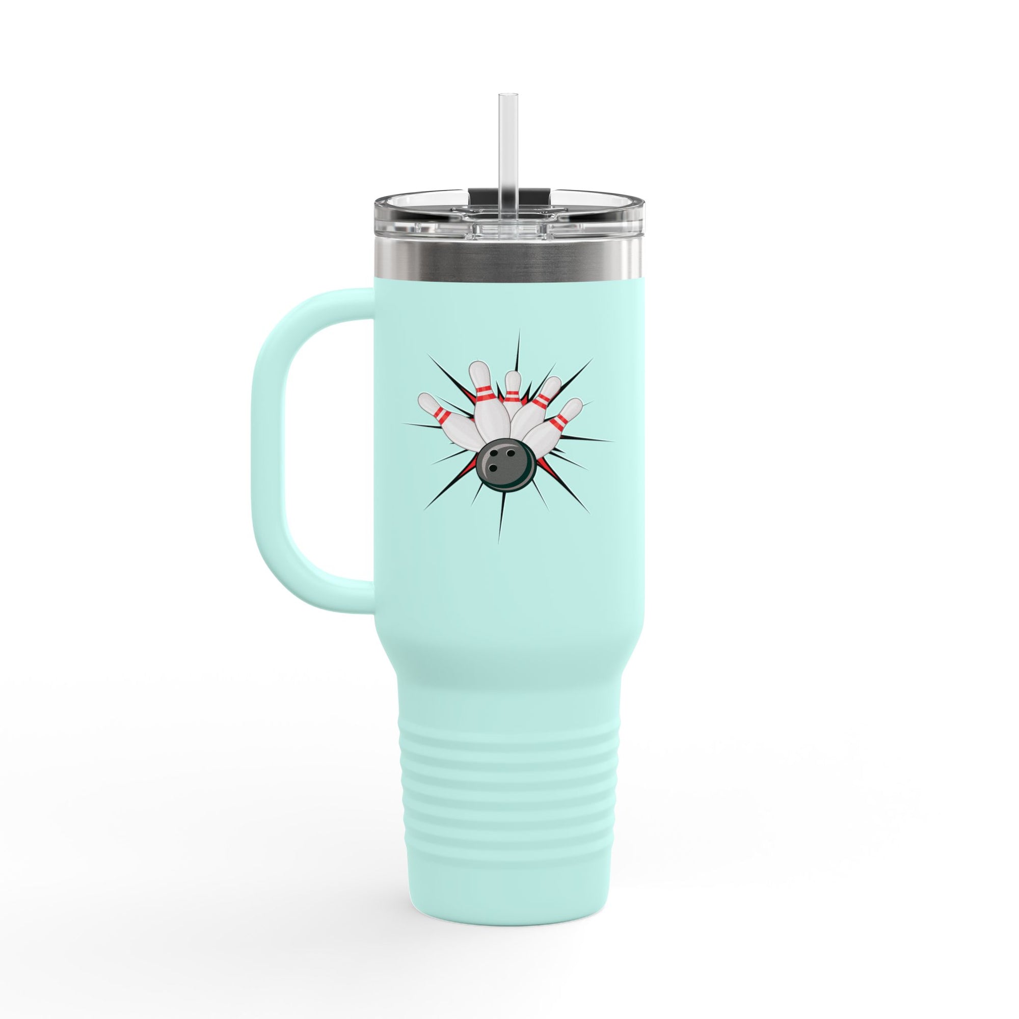 A teal 40oz travel mug with handle, lid, and straw, with a graphic design of a bowling ball smashing into pins on a white background