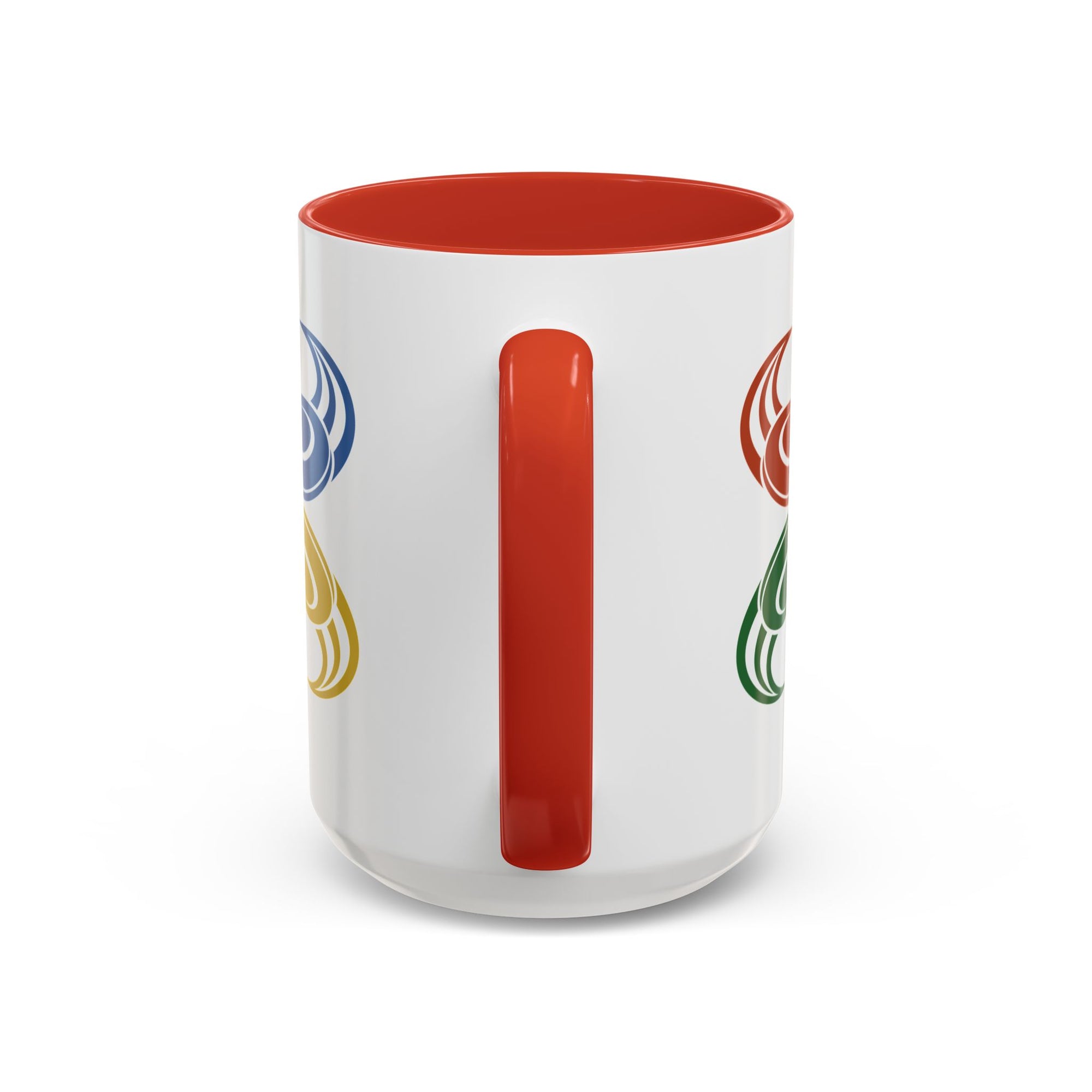 The view of the handle of a ceramic mug with red accents on the handle and interior, featuring a graphic of four colorful disc golf discs